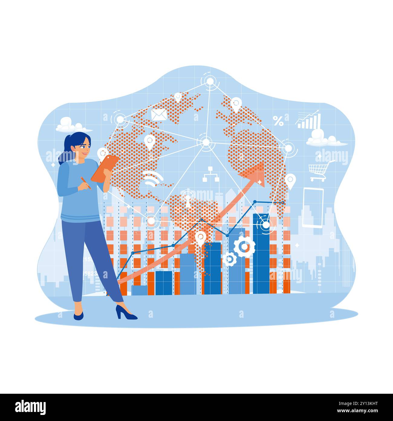 Businesswoman using interface financial graph on a world map background. A woman is standing using a digital tablet in a modern office. Modern creativ Stock Vector