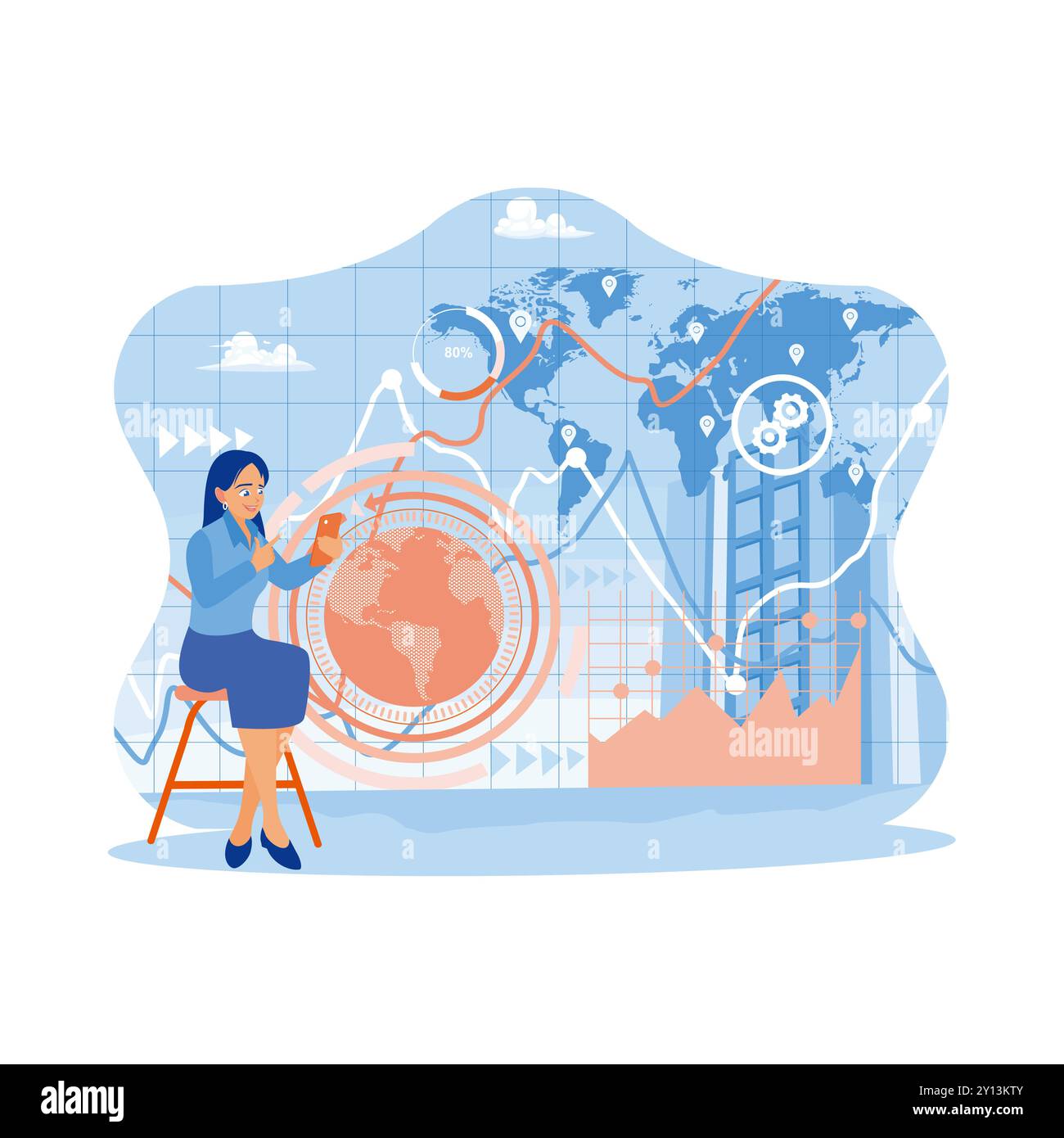 Businesswoman using digital tablet - Businesswoman Using Digital Tablet Financial Infographics On Blurry World Maps And City Background Technology And Finance Concept Trend Modern Vect 2Y13KTY 