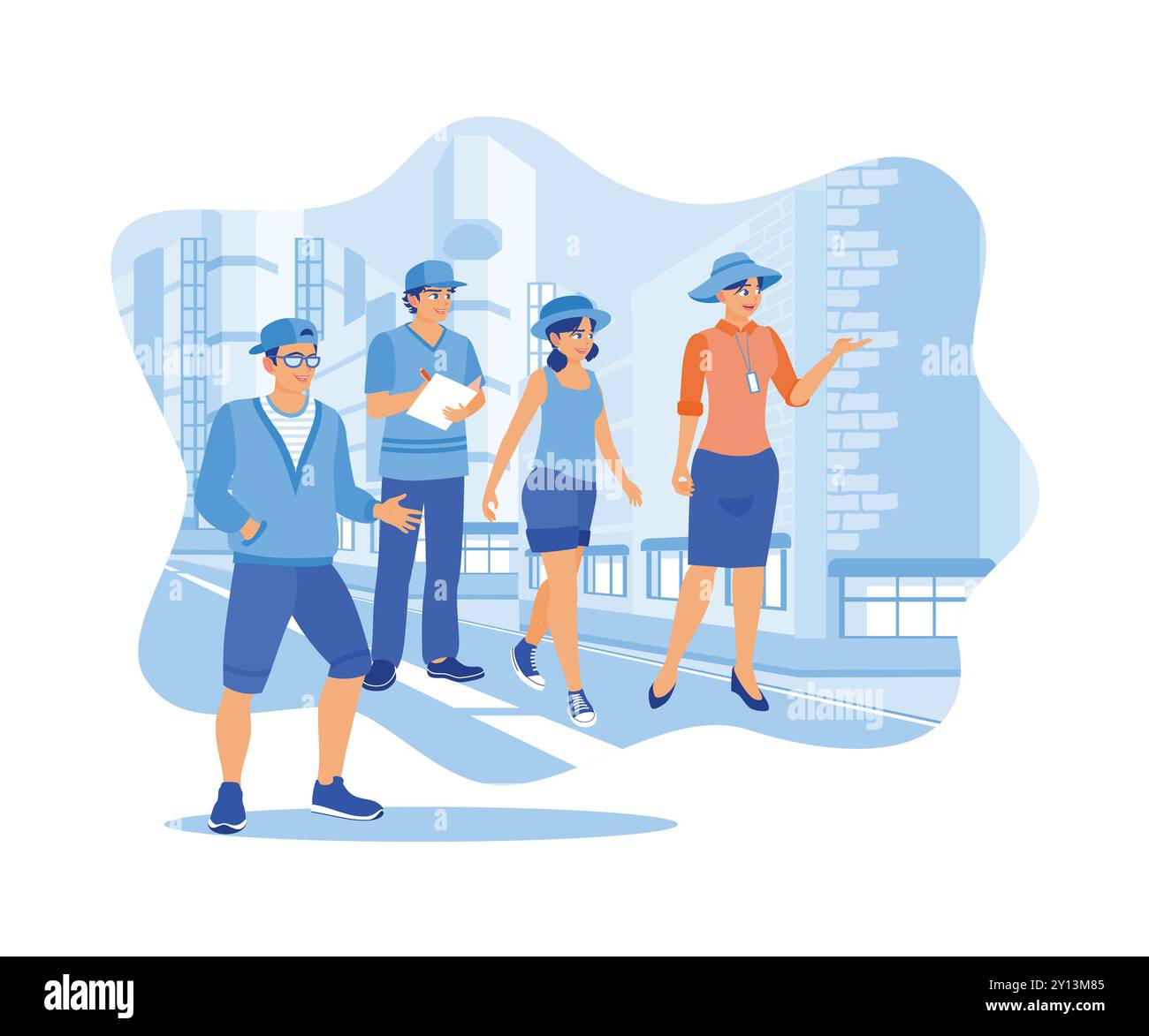 A group of students went on a field trip on an urban tour. They were guided by a tour guide who pointed out local architects. Tourist Guide concept. T Stock Vector