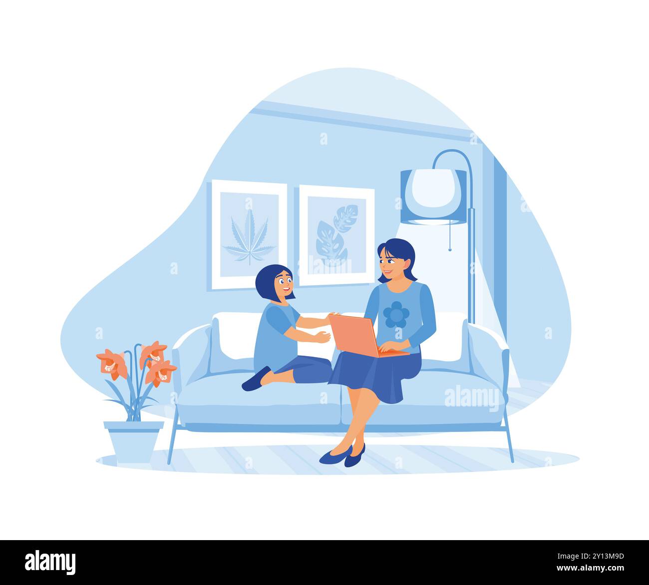 Mother and daughter sitting on the sofa. They have fun and use the laptop to watch cartoons together. Virtual Relationships concept. Flat vector illus Stock Vector