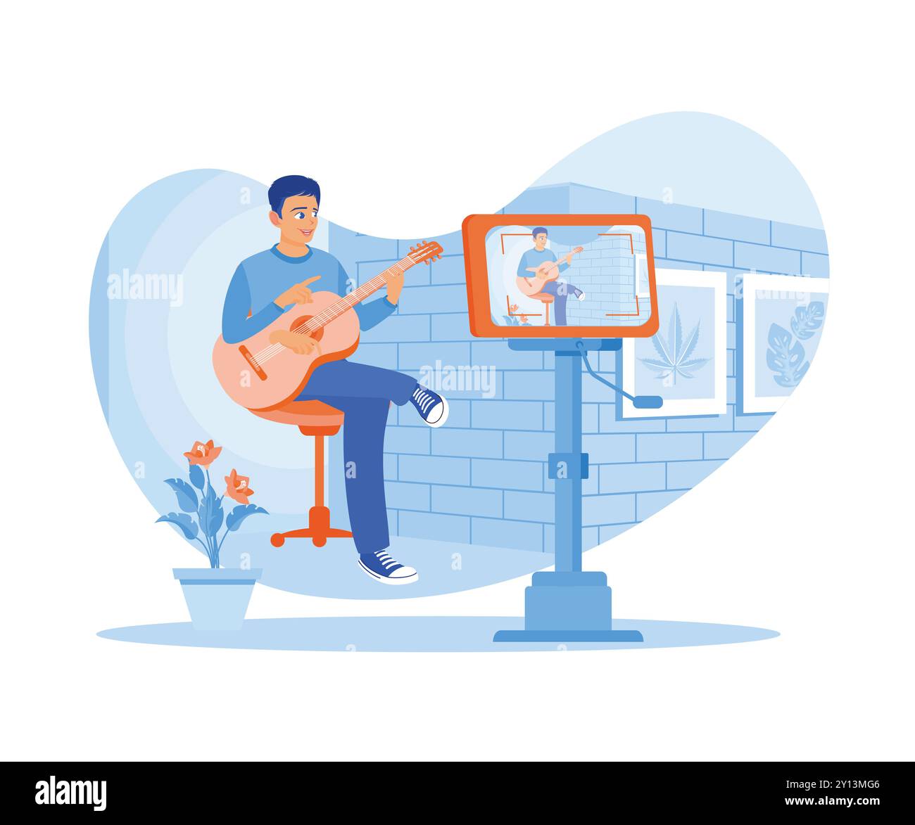 Young man creates content playing guitar. Vloggers record their activities using smartphones. Content Creator concept. Flat vector illustration. Stock Vector