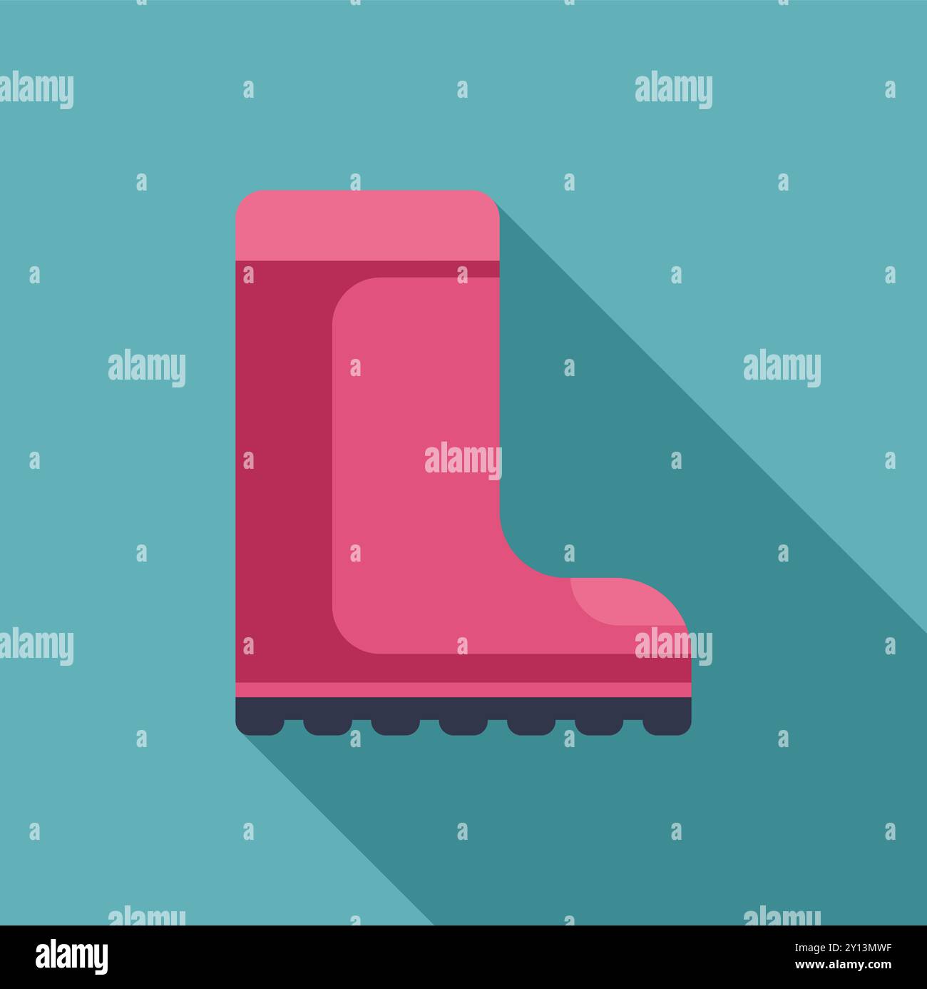 Pink rubber boot standing side view with long shadow on turquoise background, flat design vector illustration Stock Vector