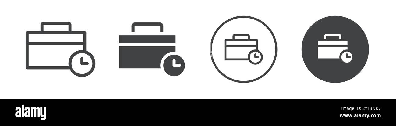 Briefcase with clock icon simple flat vector symbol outline collection set logo Stock Vector