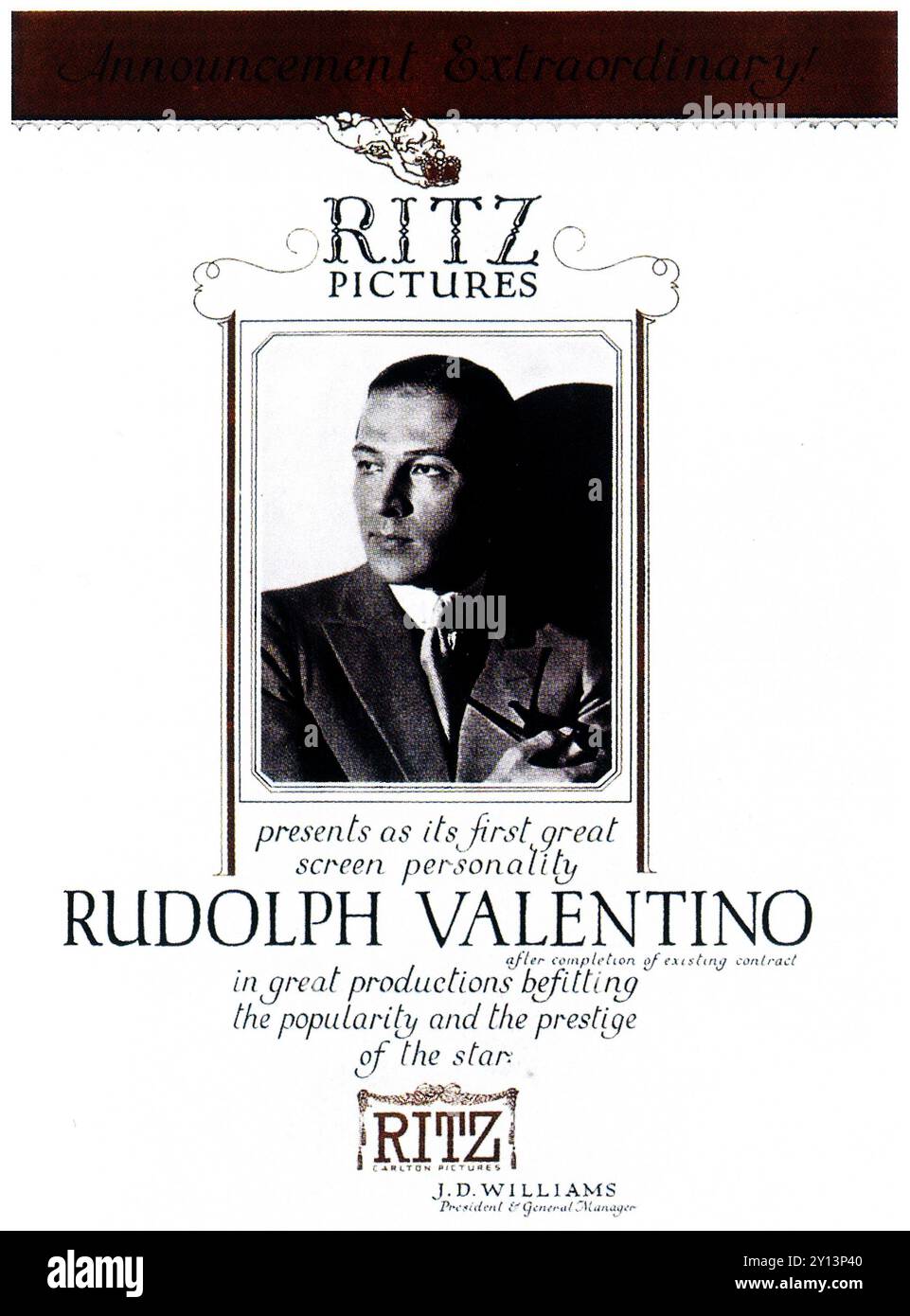 1923 Rudolph Valentino Personality Ad - Ritz Carlton Pictures Stock Photo