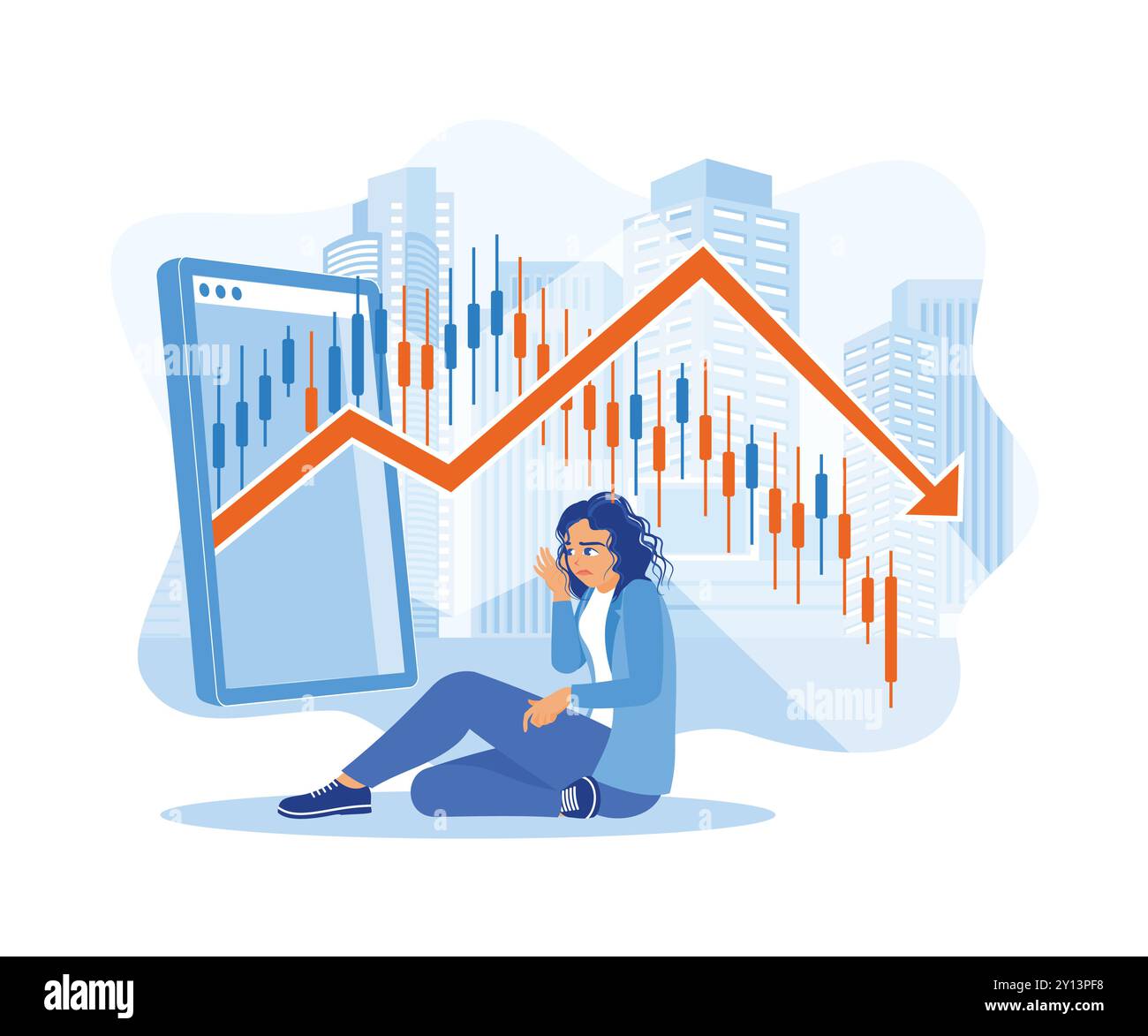 A businesswoman with a sad face is sitting on the floor against the background of candlestick charts and office buildings. Analyze a declining stock m Stock Vector