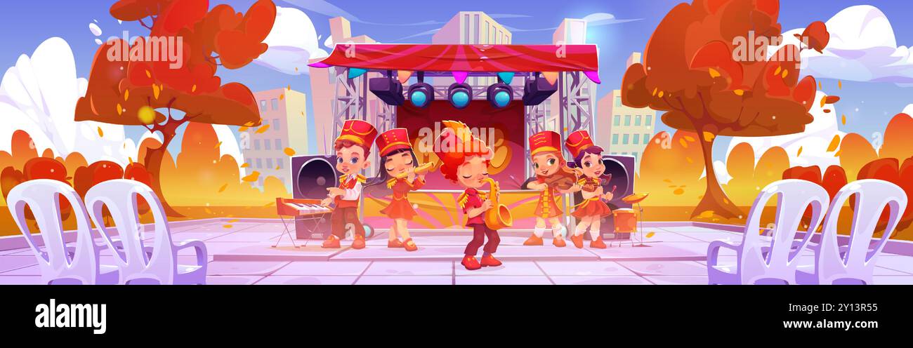 Children music band in red march parade costume with instruments playing song near stage in public city park in autumn. Cartoon vector fall town landscape with kids musicians on concert or festival. Stock Vector