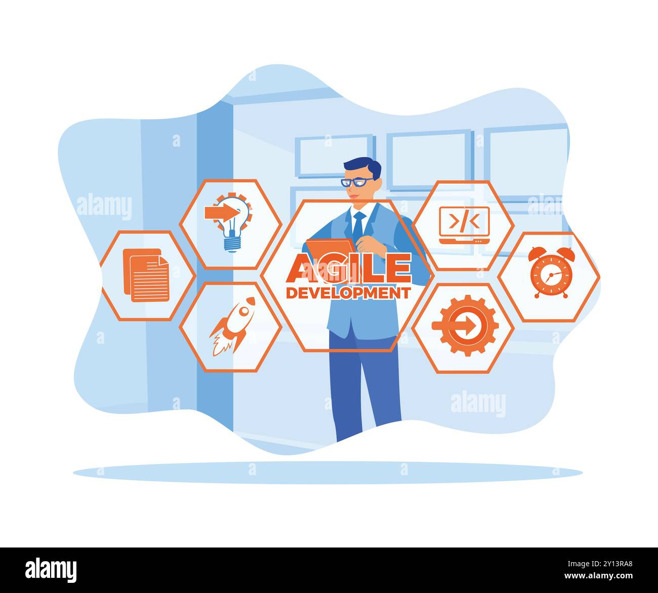 A man in glasses is using a digital tablet in a modern office. Develop software with agile development. Software developers concept. Flat vector illus Stock Vector