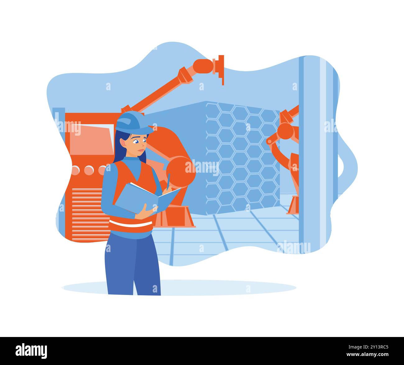 Female manager holding form and pen in factory workshop. Industrial risk assessment and safety audit. Finance control scenes concept. Flat vector illu Stock Vector