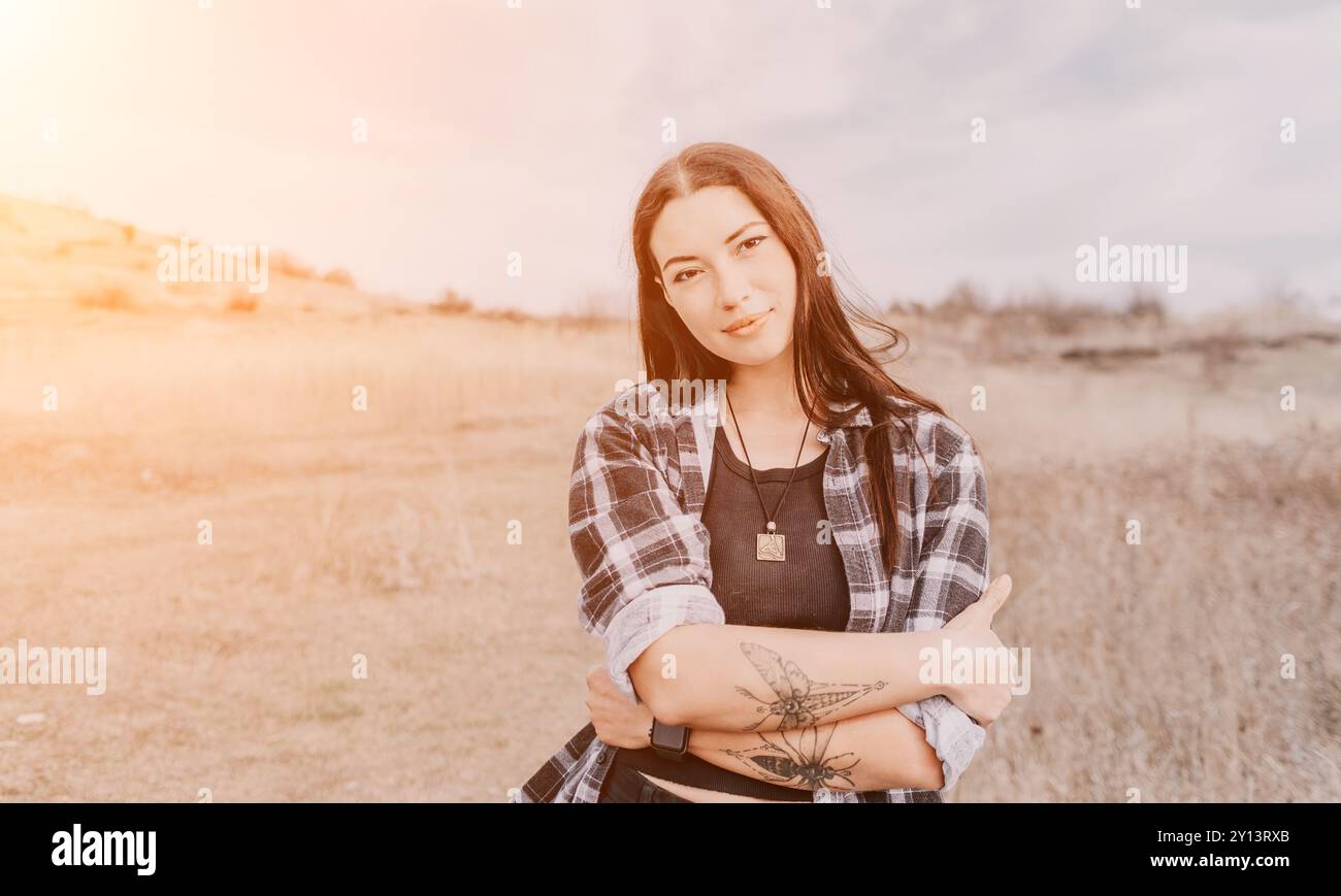 Portrait of a Young Woman with Long Brown Hair in a Plaid Shirt Stock ...