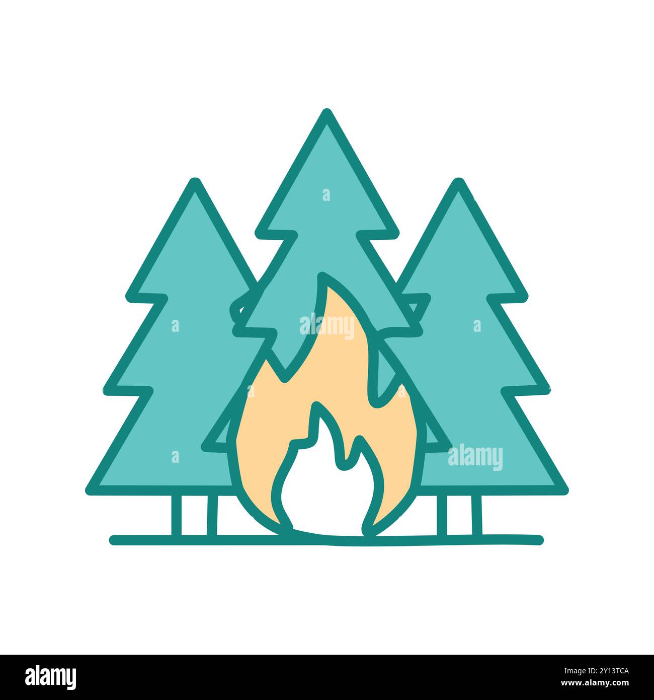 Forest fire icon. Illustration of a wildfire in a forest, representing the danger of forest fires and the importance of prevention. Stock Vector