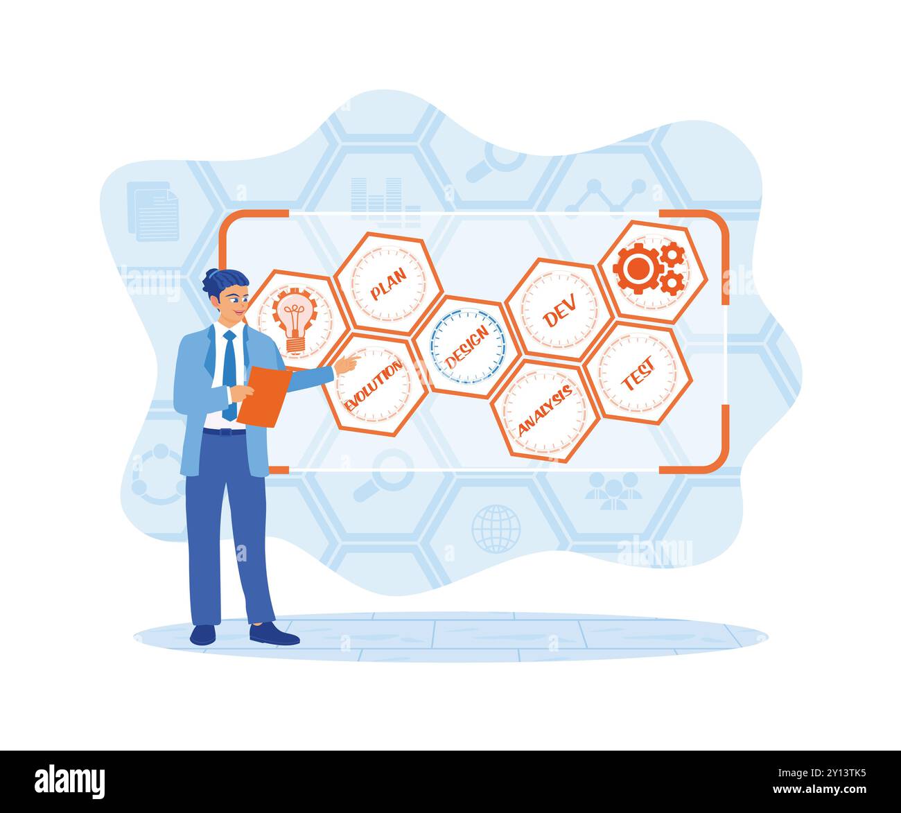Businessman using notebook and internet. Developing software on virtual screens. Software developers concept. Flat vector illustration. Stock Vector
