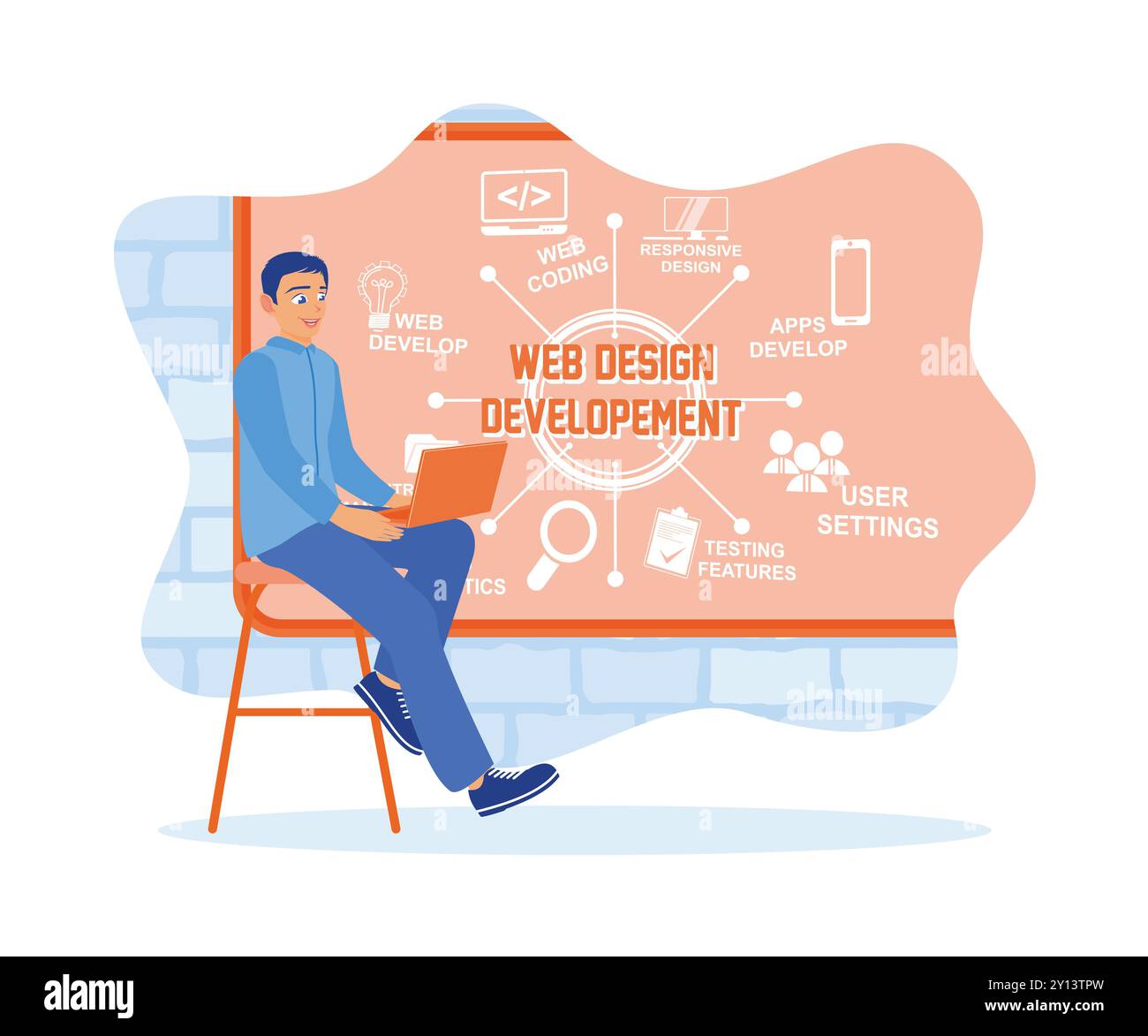 IT expert develops website using laptop. Web development icons are drawn on the board. Web design concept. Flat vector illustration. Stock Vector
