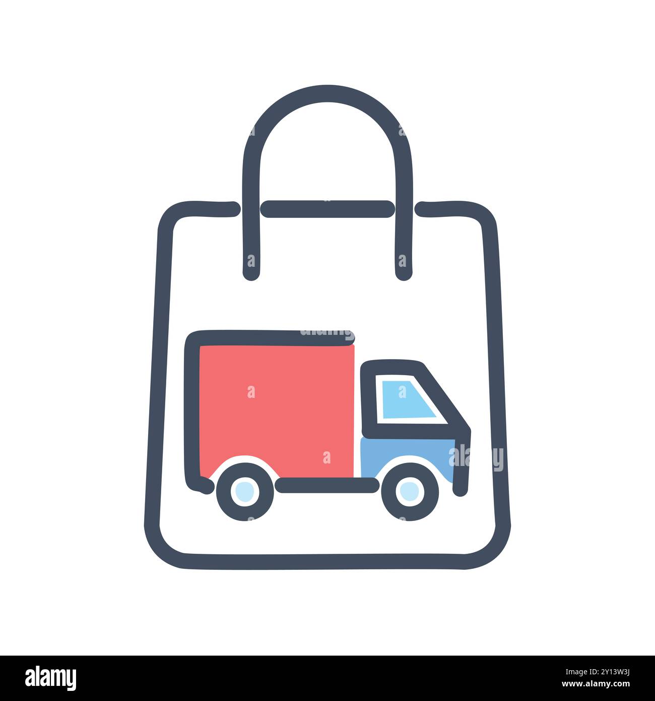 Delivery bag icon. Delivery truck inside shopping bag, symbolizing online shopping and fast shipping. Stock Vector