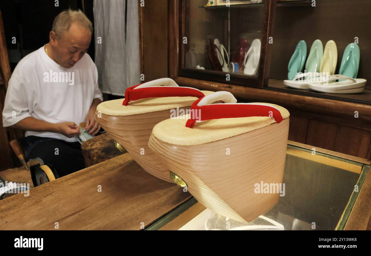 A pair of Okobo one kind of traditional Japanese footwear Geta is pictured at a Japanese footwear shop Ochobo in Kyoto City Kyoto Prefecture on September 5 2024. Okobo is for Maiko