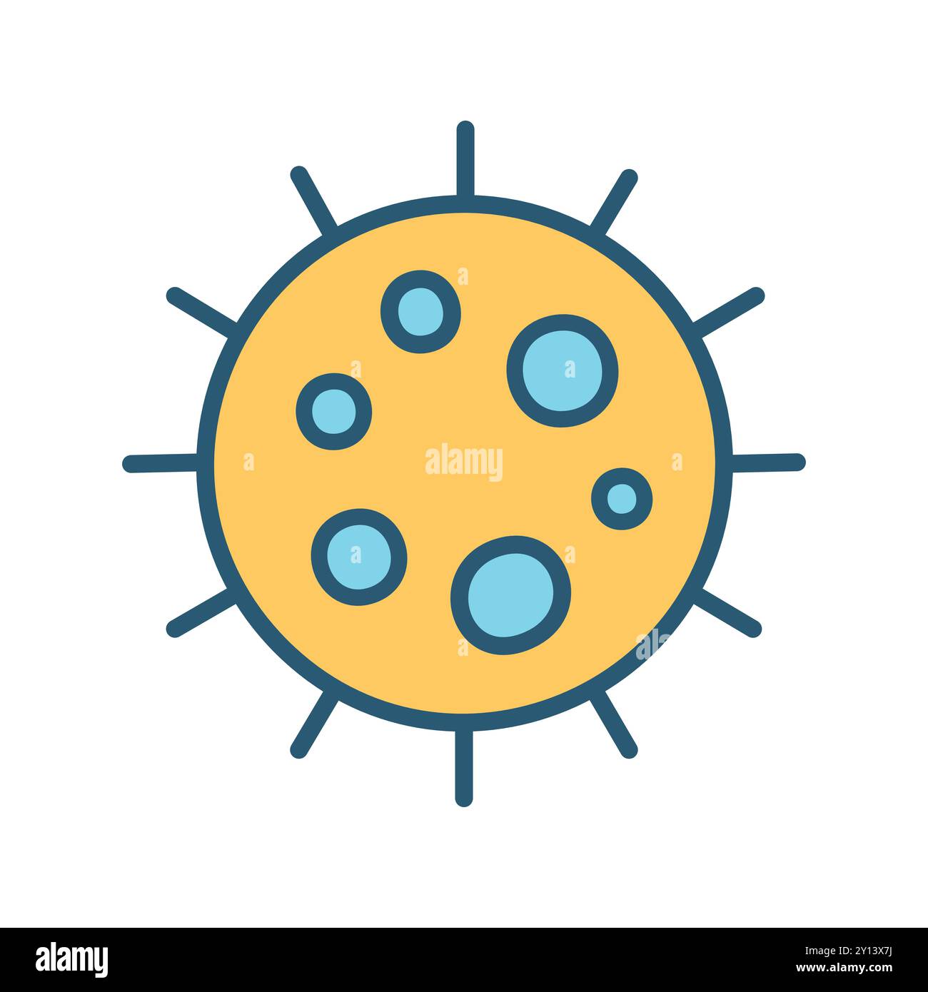 Cell with spikes. Illustration of a round cell with multiple spikes and blue spots, representing a microscopic organism. Stock Vector