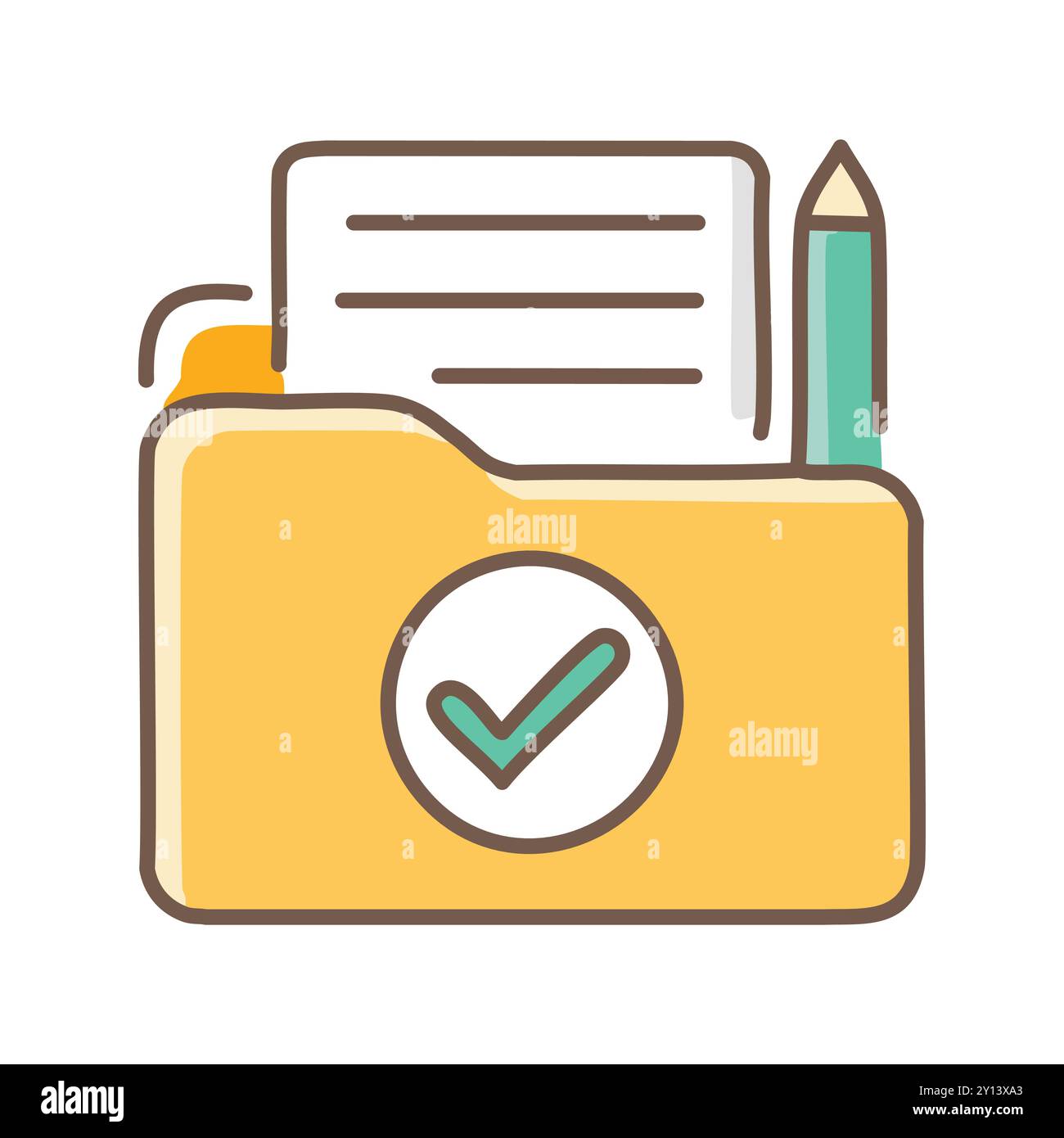 Completed file icon. Yellow folder with a check mark, representing a ...
