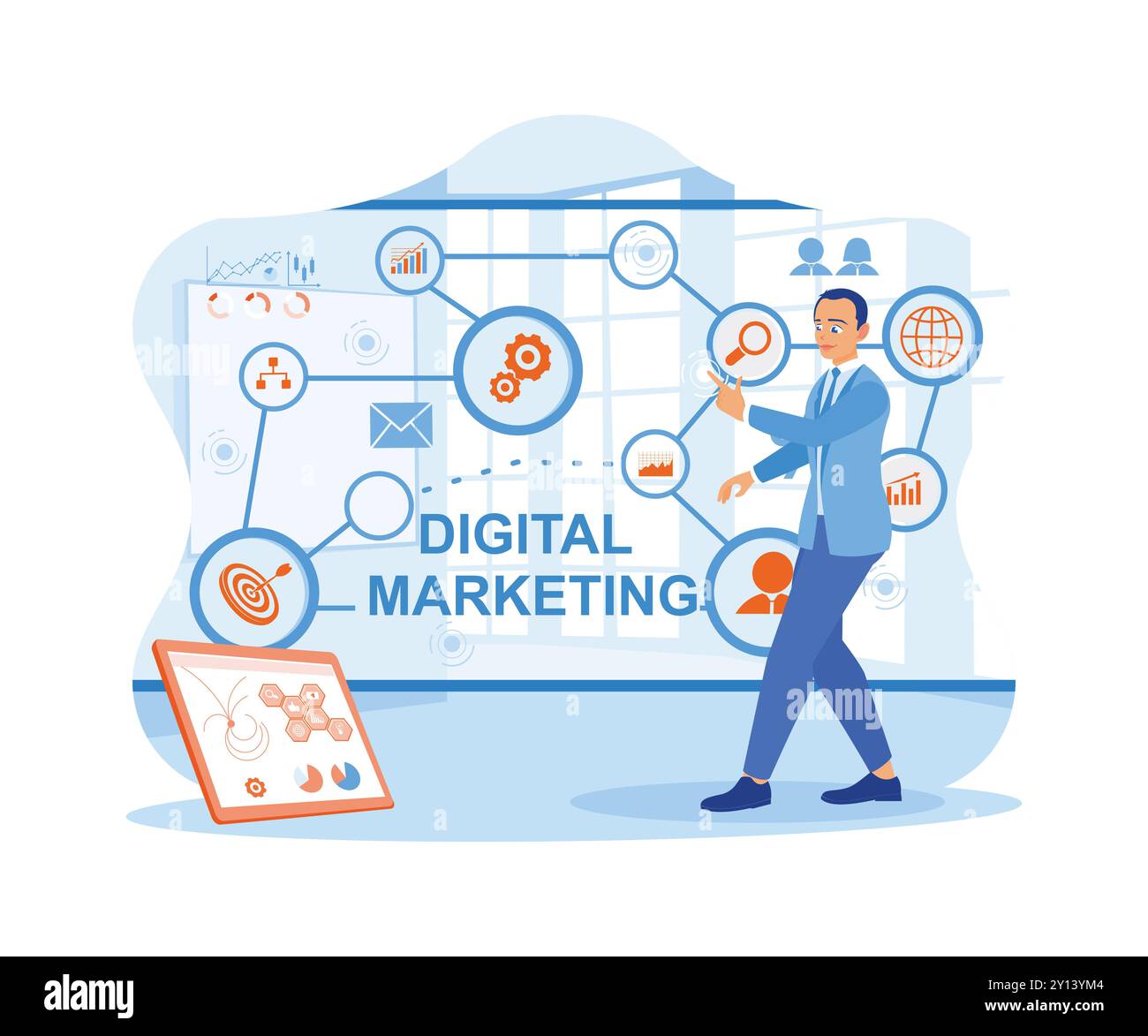 Businessman standing in modern office space. Access SEO search engine optimization on a virtual screen. Digital Marketing Technology Targeted and inte Stock Vector