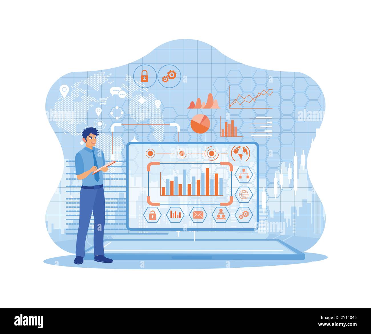 Programmer using a digital tablet computer to analyze and develop software on a futuristic virtual interface screen. Business intelligence technology Stock Vector