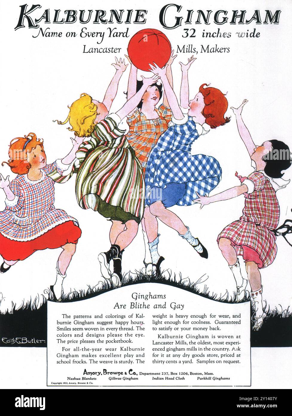 1922 Kalburnie Gingham Ad: "Name on every yard, 32 inches wide" - with Edith Butler art Stock Photo