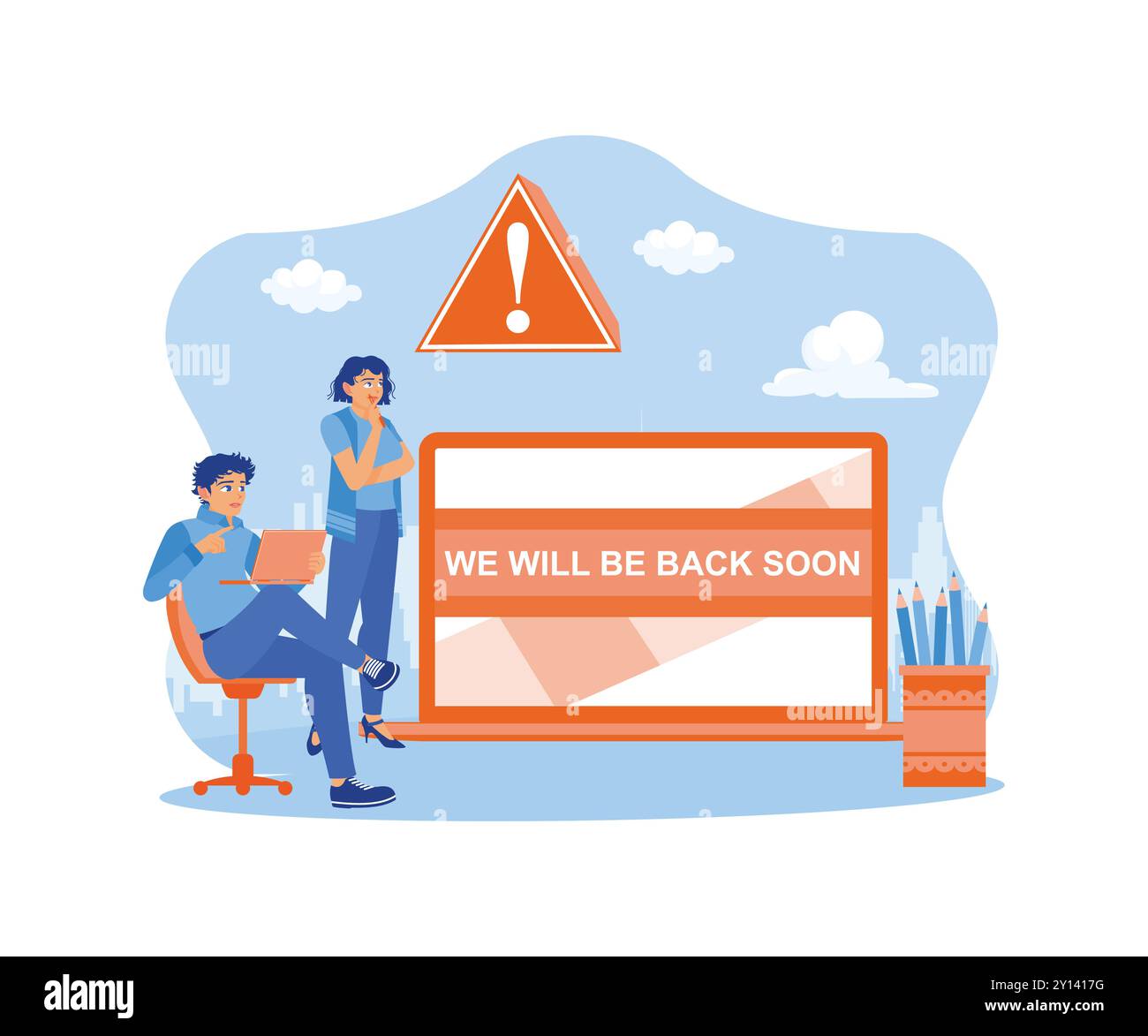 Two coworkers use a laptop while loading a site. Website in error concept. 404 error page concept. trend modern flat vector illustration Stock Vector