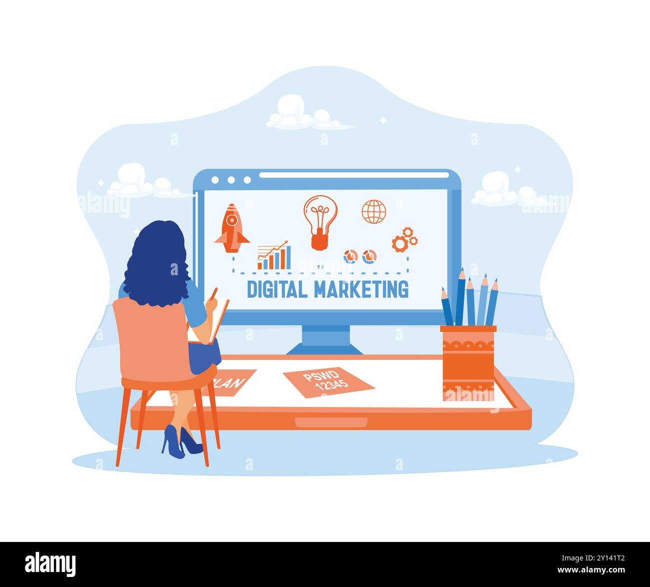 Young woman sitting in front of computer and smartphone. New start-up projects and increasing marketing with advertising on social media. Digital Mark Stock Vector