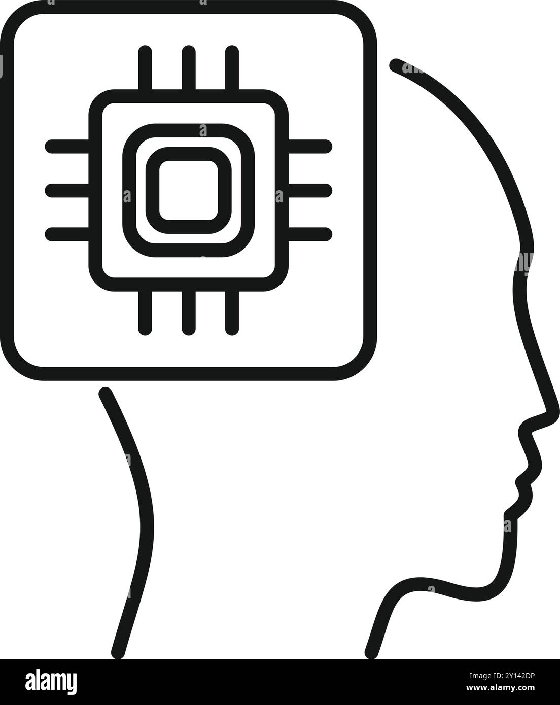 This vector illustration shows the profile of a human head with a microchip, representing artificial intelligence Stock Vector