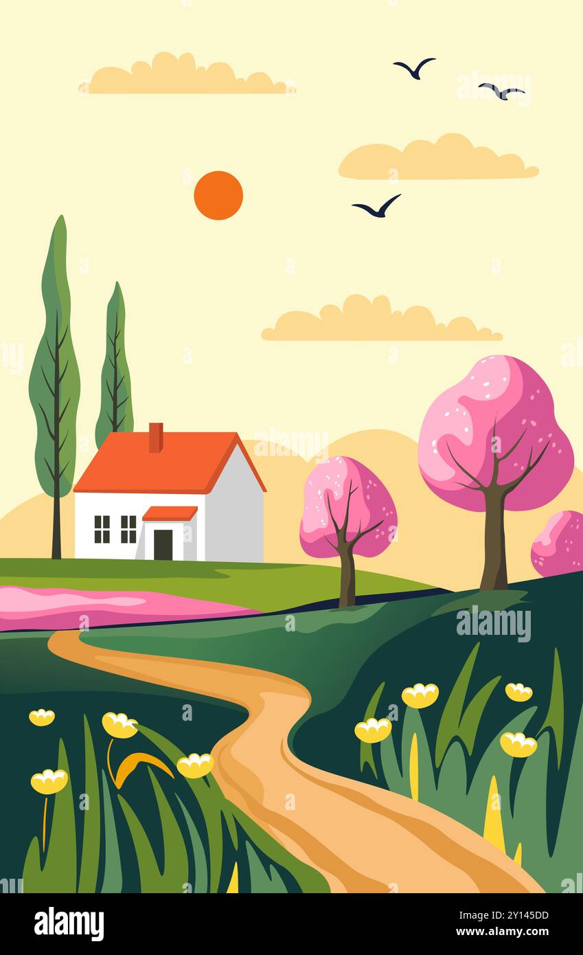 Countryside House with Pink Trees Illustration Stock Vector Image & Art ...