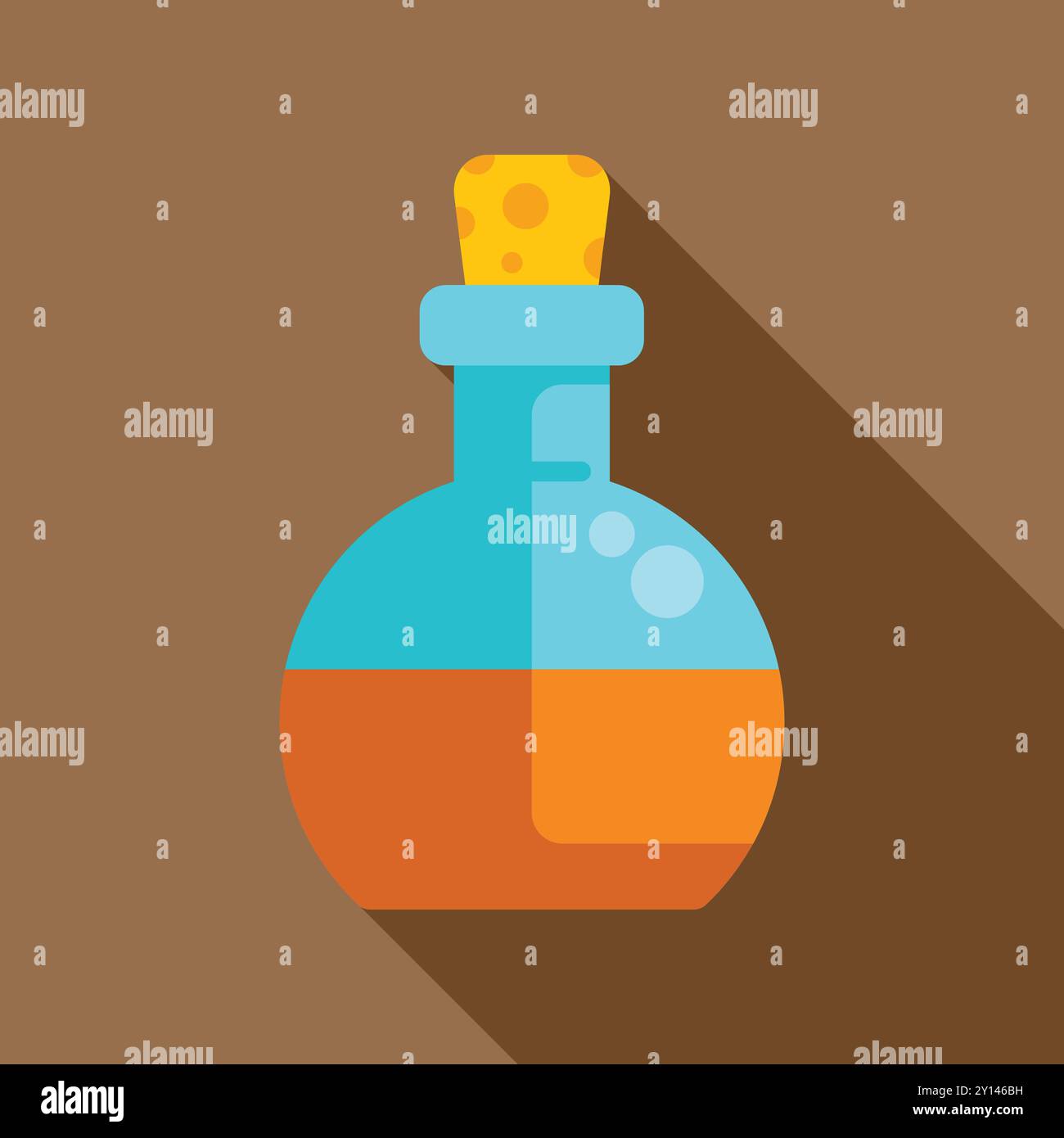 Round bottom flask containing orange liquid casting a long shadow, in flat design style Stock Vector