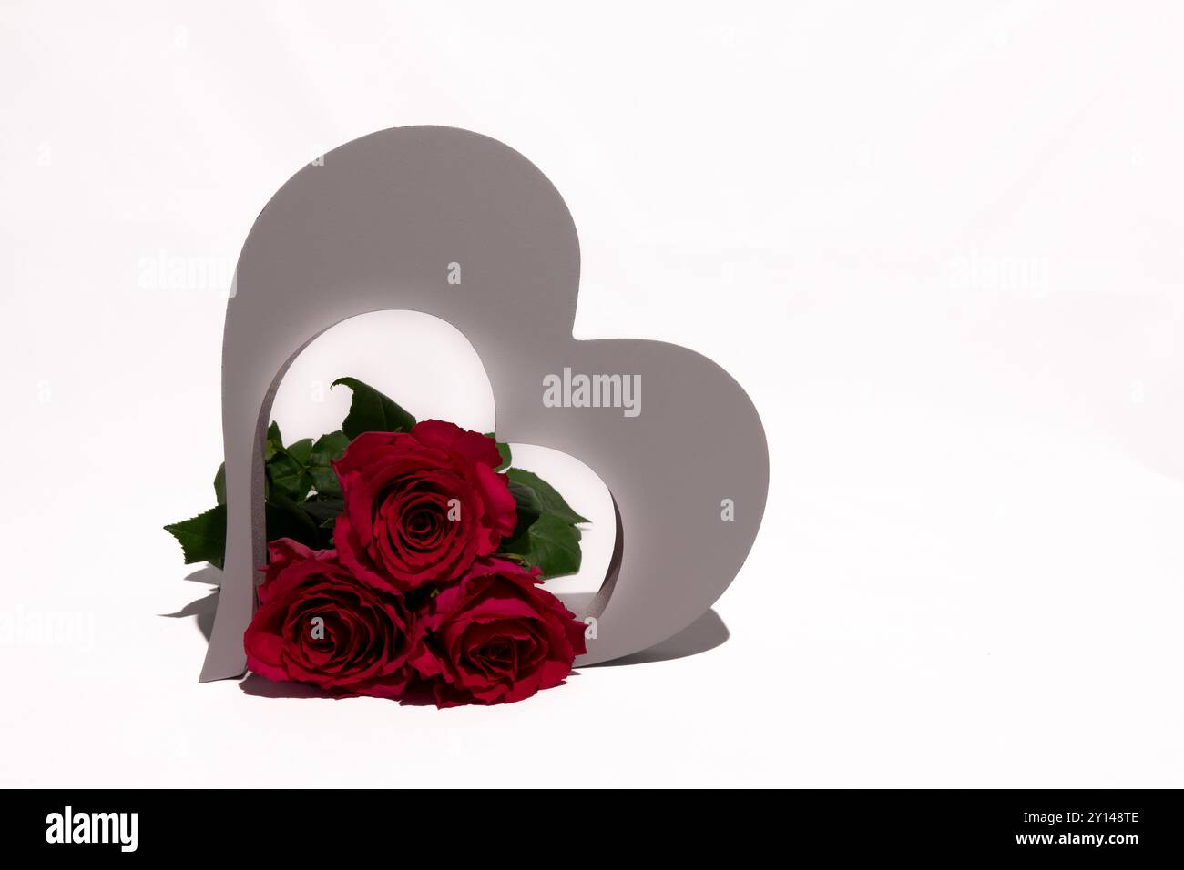 A heart shape frame with vibrant red roses against a clean white ...