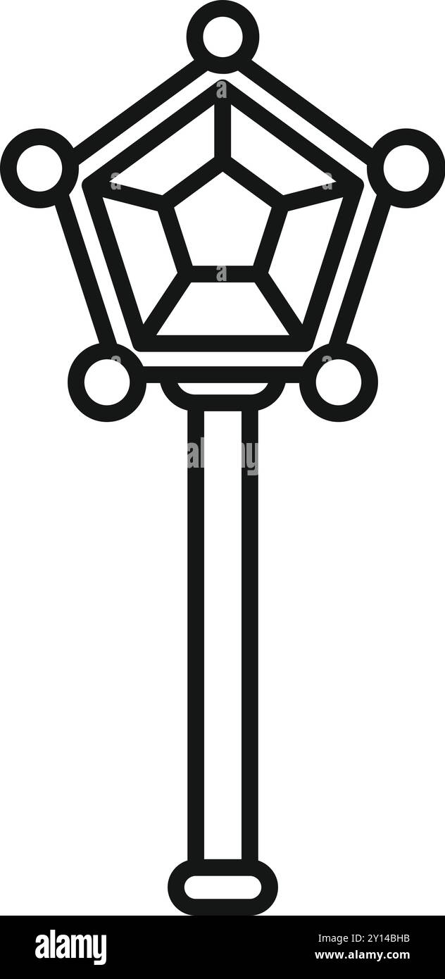 Magic staff with pentagonal crystal spreading its power with five spheres icon Stock Vector