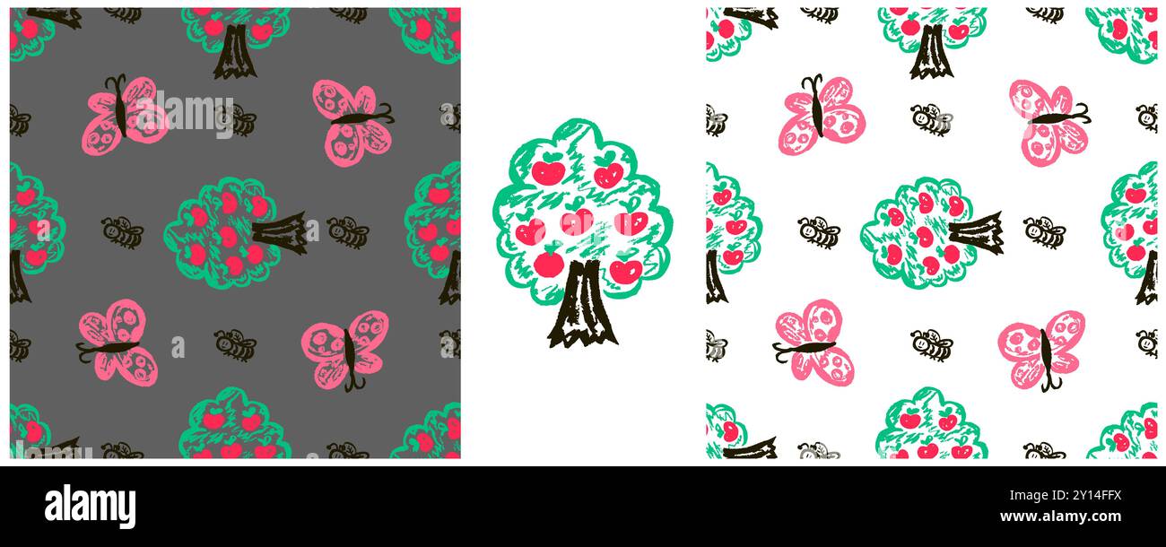 Seamless pattern. Set drawings with wax crayons. Garden, apple trees. Print for cloth design Stock Vector