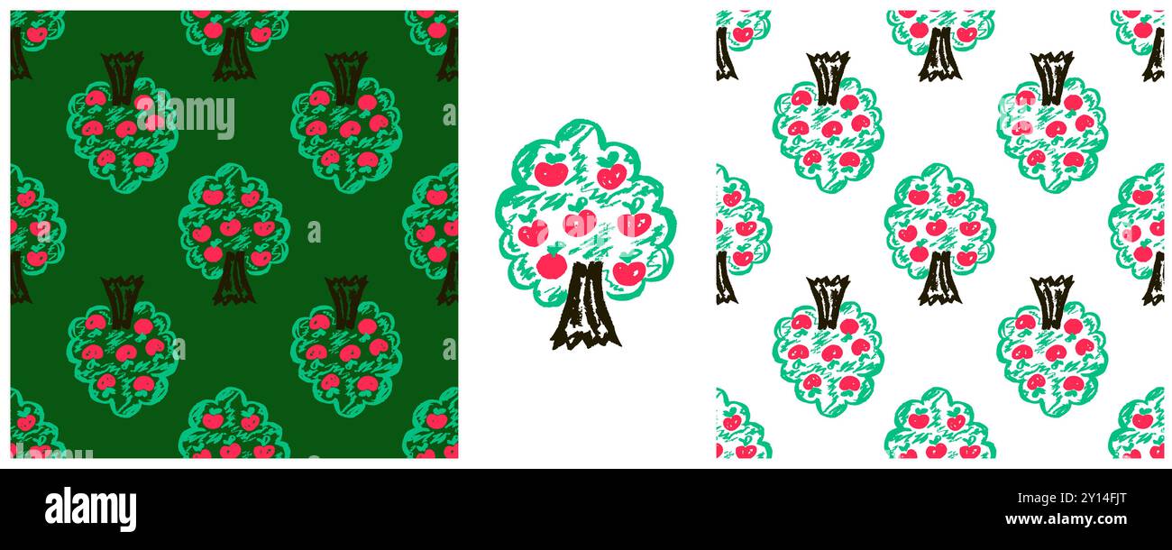 Seamless pattern. Set drawings with wax crayons. Garden, apple trees. Print for cloth design, textile Stock Vector