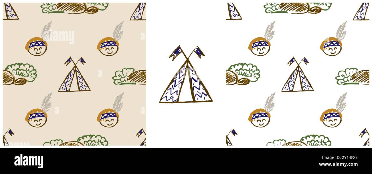 Seamless pattern. Set drawings with wax crayons. Wigwam, Indian. Print for cloth Stock Vector ...