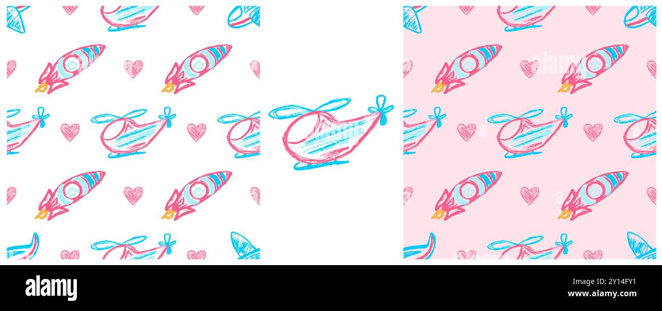 Toys Seamless pattern. Helicopters. Set drawings with wax crayons. Print Stock Vector
