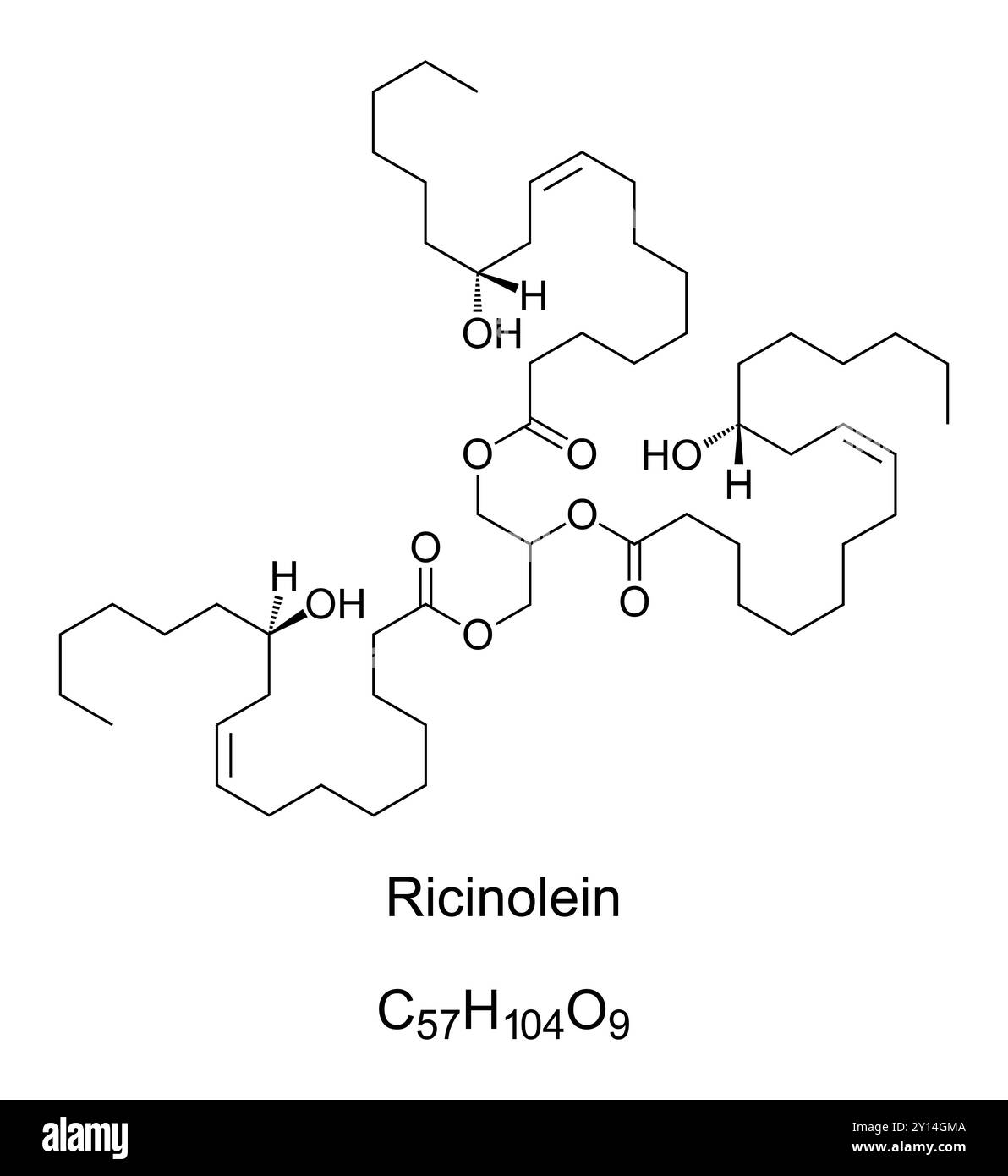 Ricinolein, chemical formula and skeletal structure. Ricinolein is the