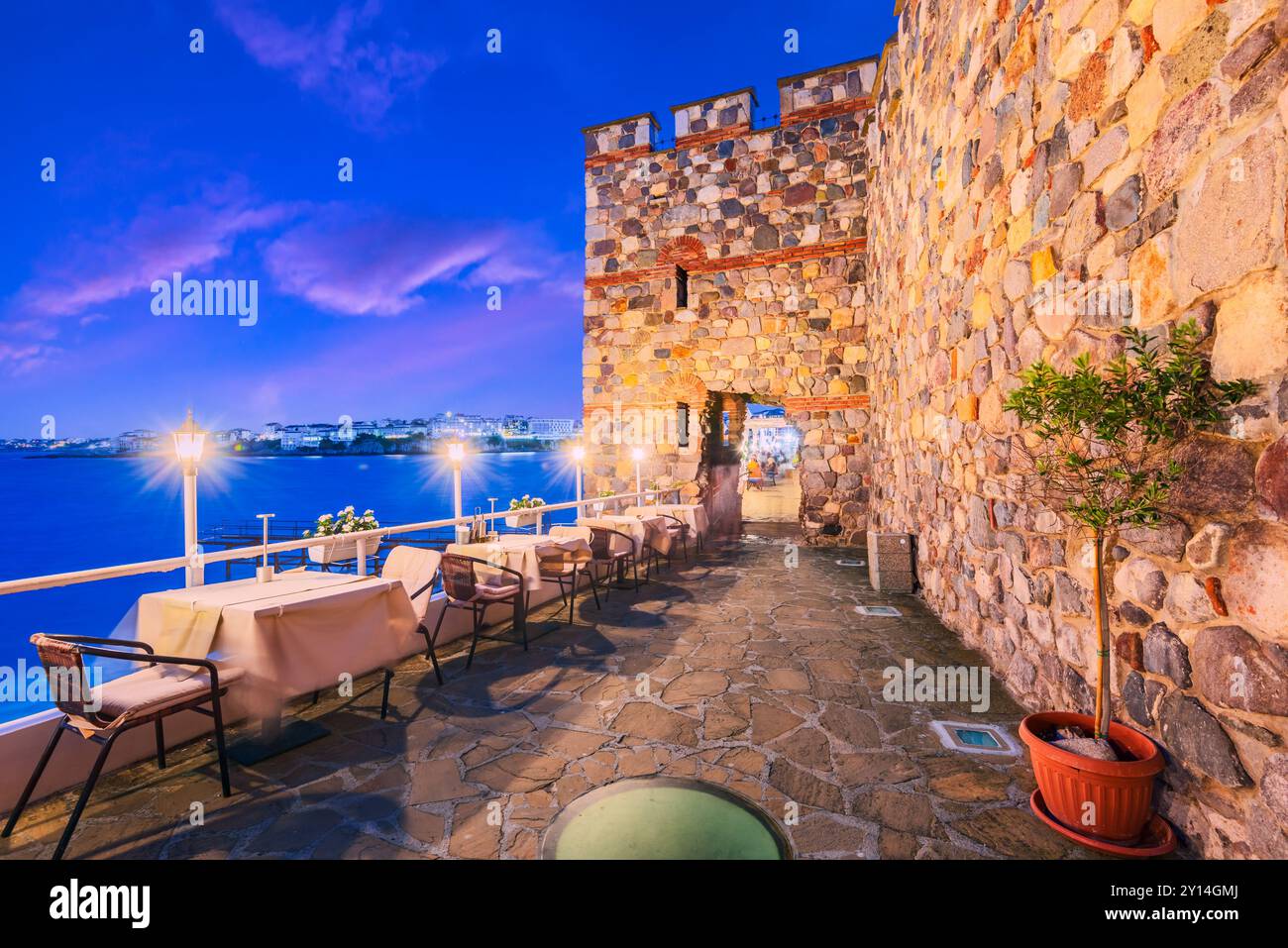 Sozopol, Bulgaria. Southern walls and tower of medieval Apollonia, charming city at Black Sea coastline. Stock Photo