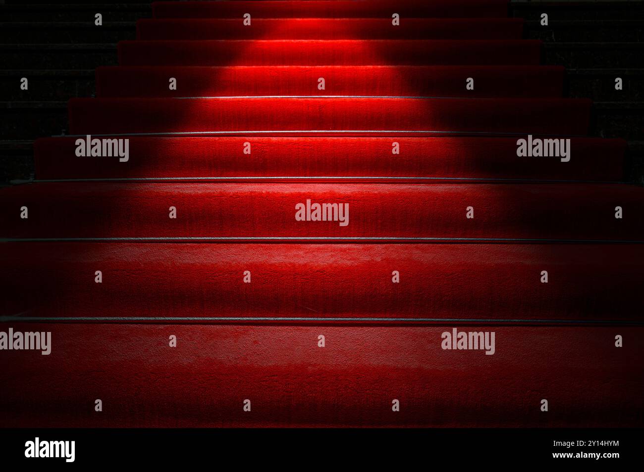 Red carpet on stairs and spotlight with light Stock Photo