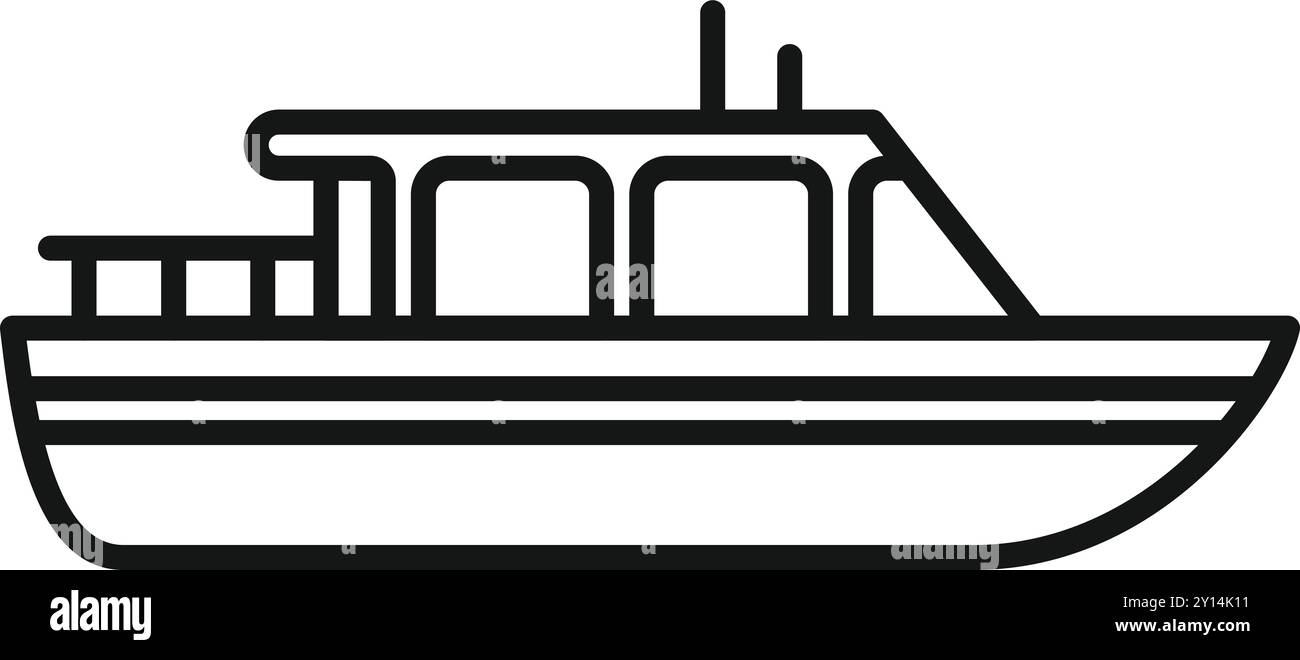 Simple black line vector icon representing a river boat floating on ...