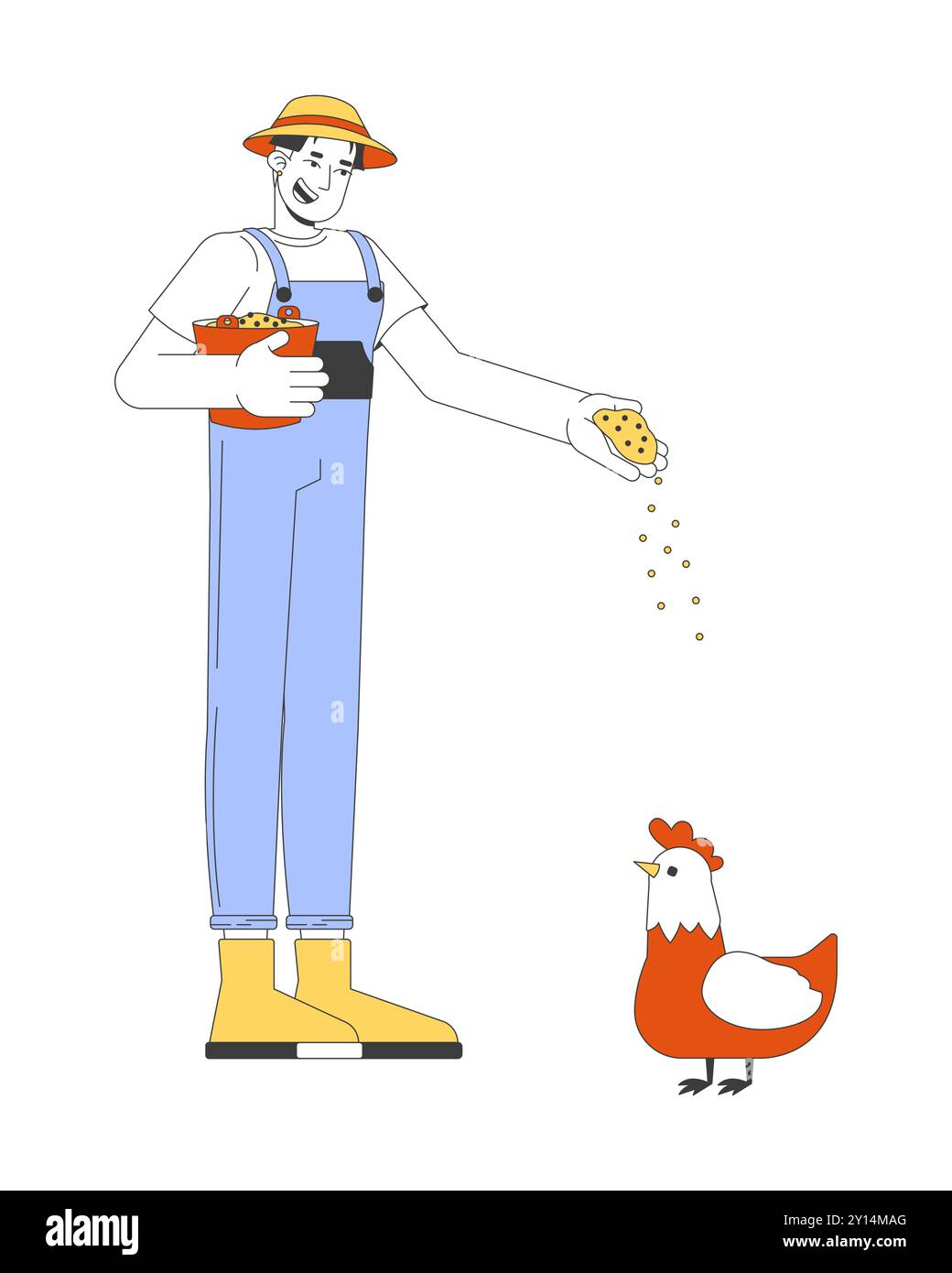 Happy asian man farmer feeding chicken 2D cartoon character Stock ...