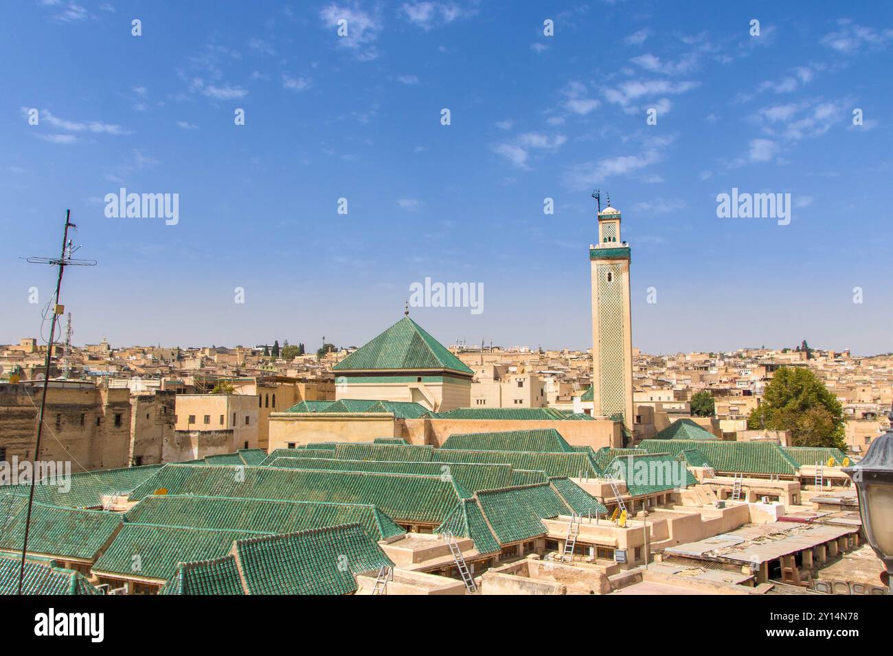 aerial view of the Medina with university and al karaouinemosque green roof and minaret at Fes, Morocco Stock Photo