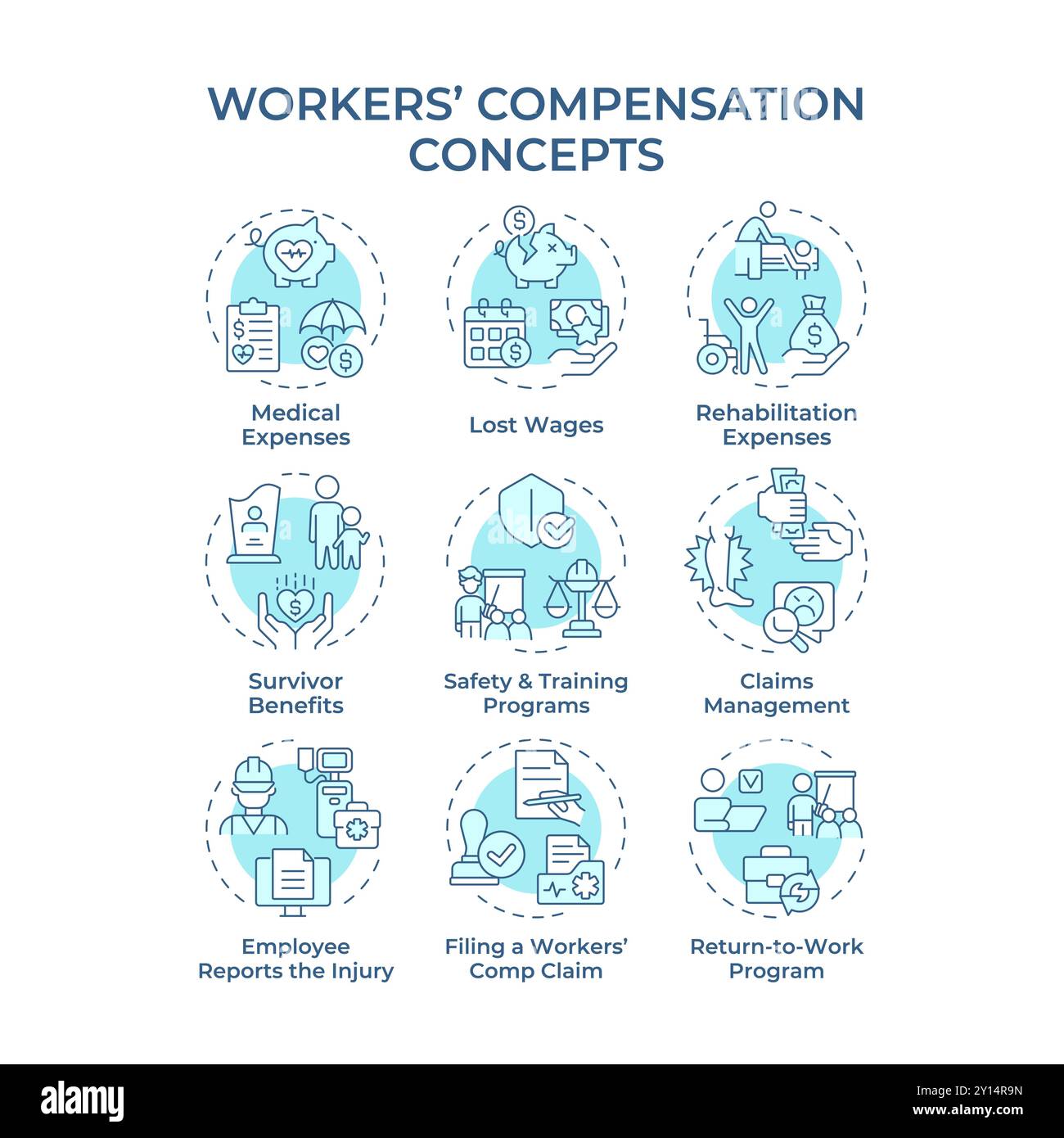 Workers compensation soft blue concept icons Stock Vector