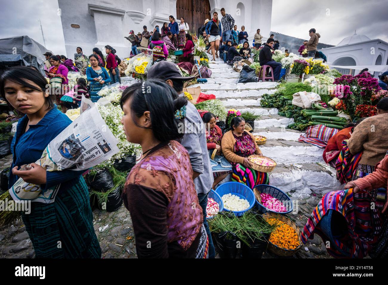 market of the historical center, and ancient steps of the Mayan temple, Chichicastenango, municipality of the department of El Quiché, Guatemala, Central America. Stock Photo