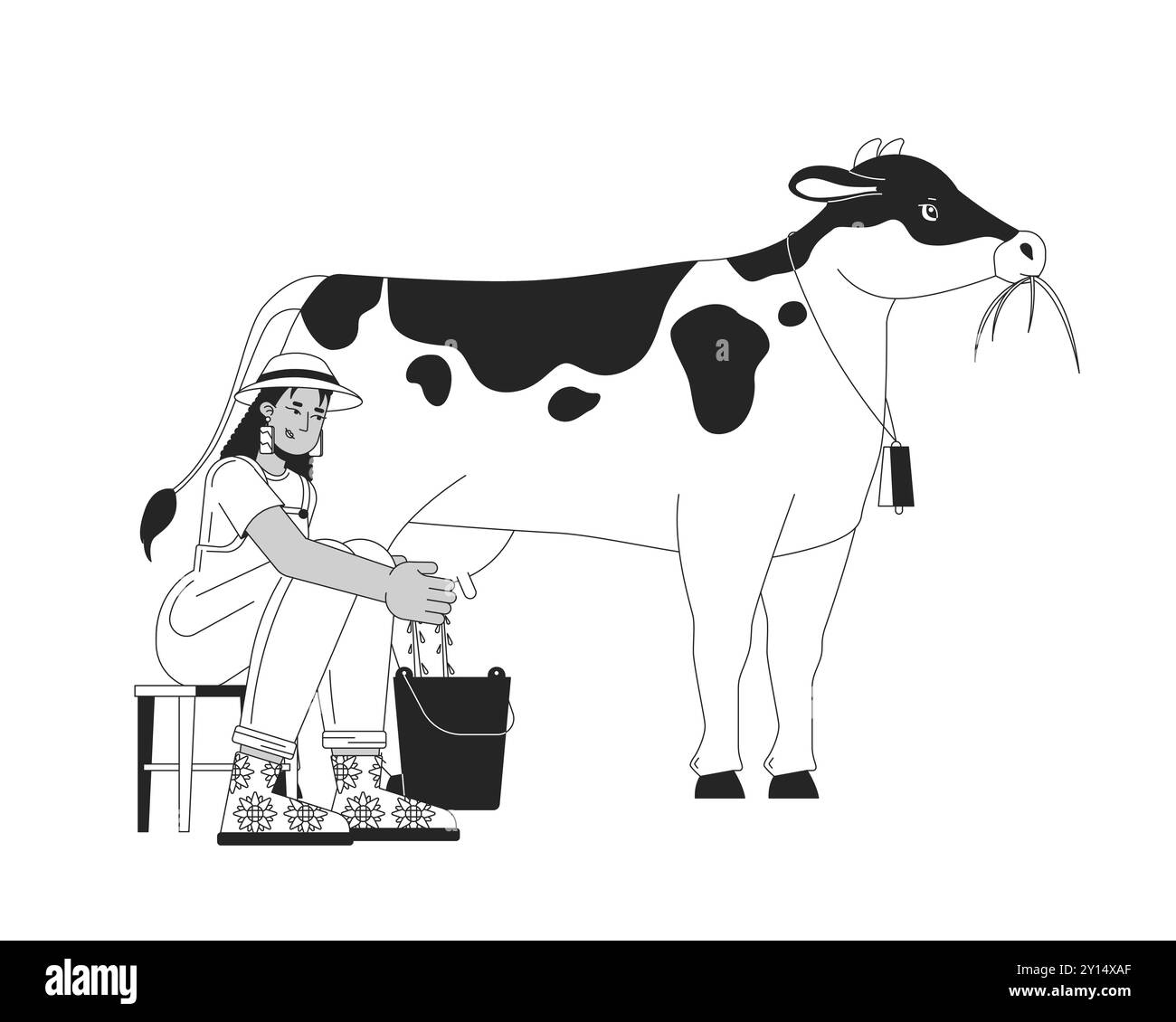 African american woman milking cow 2D cartoon character Stock Vector