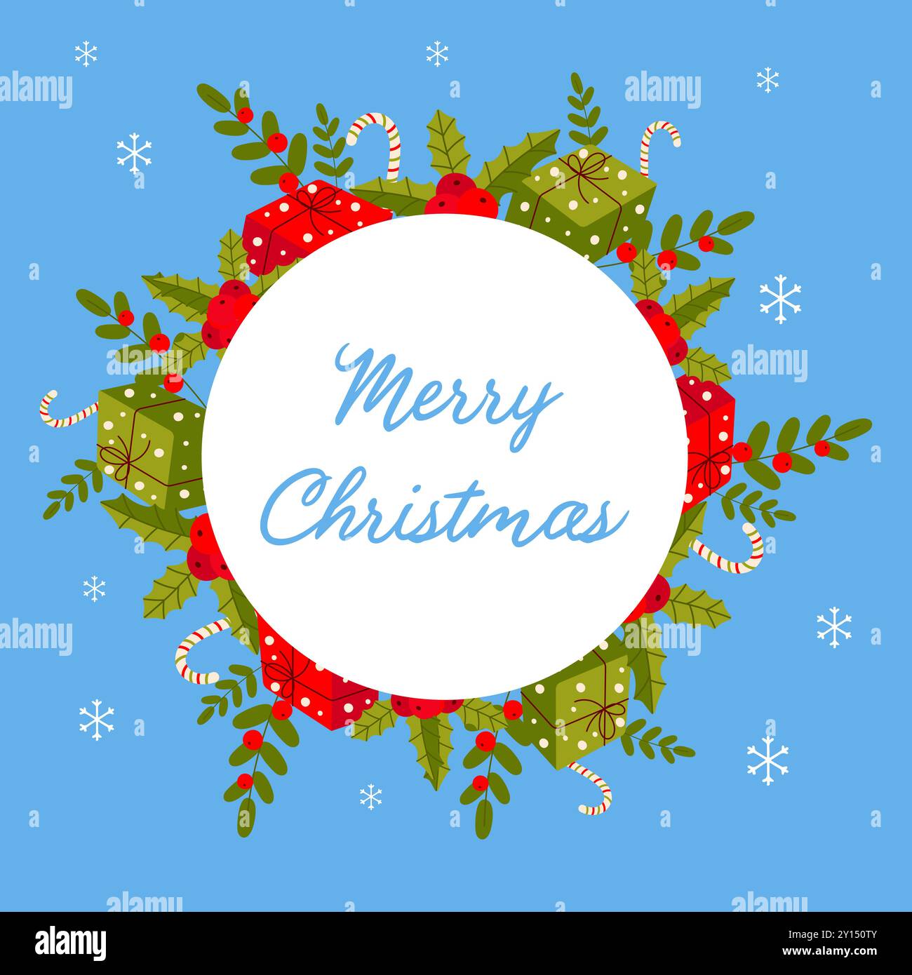 Postcard on blue background happy christmas. Simple cute vector frame Stock Vector