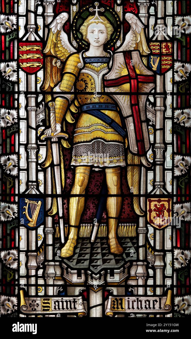 Saint Michael depicted in Victorian stained glass, St Michael's church, Shap, Westmorland and Furness, Cumbria, UK Stock Photo