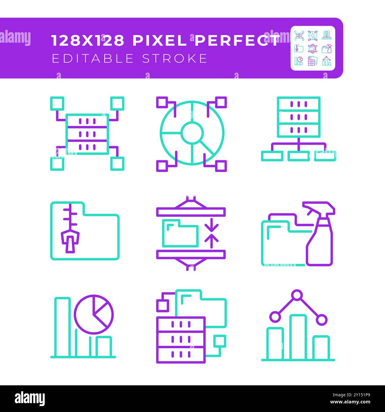 Data management two color line icons set Stock Vector