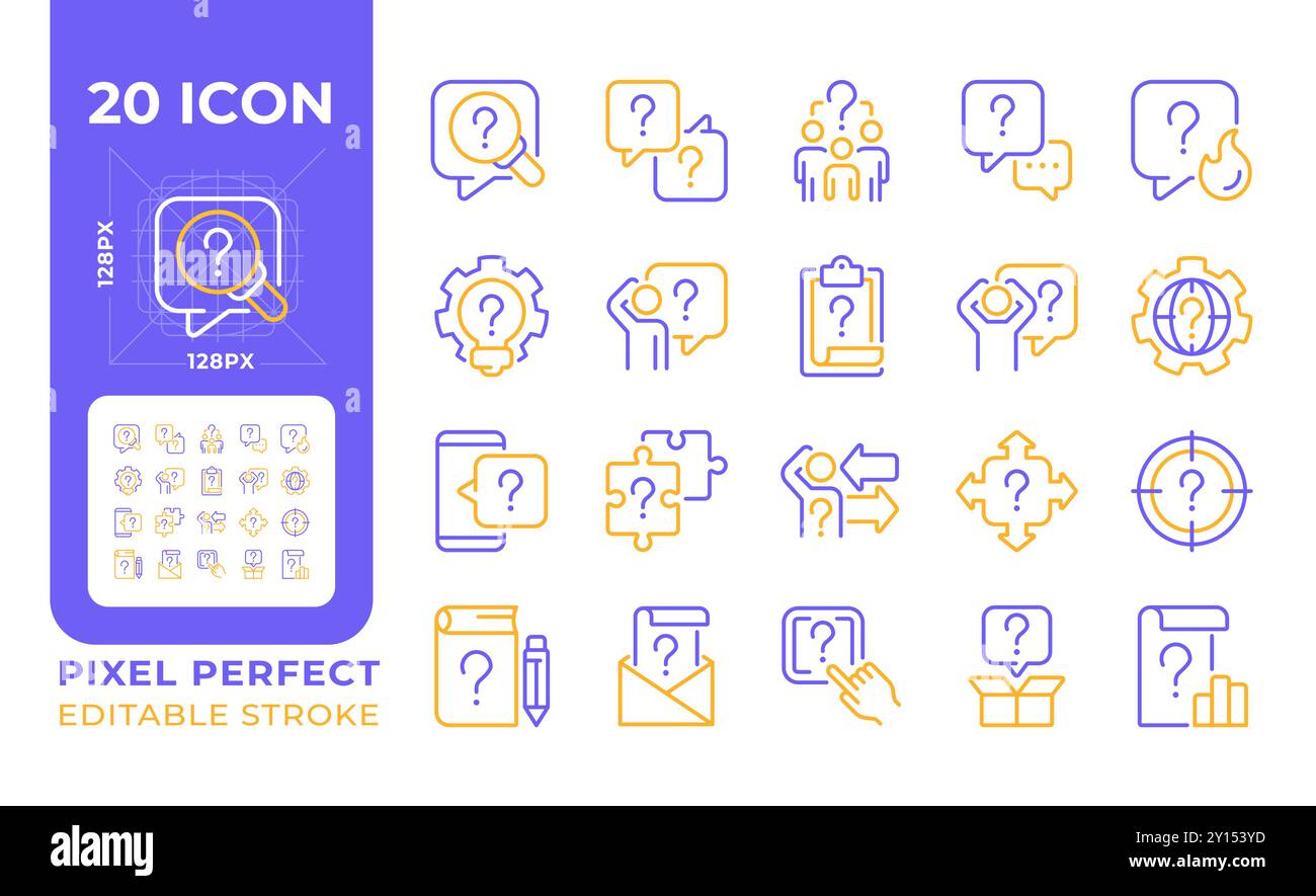Question mark related two color line icons set Stock Vector