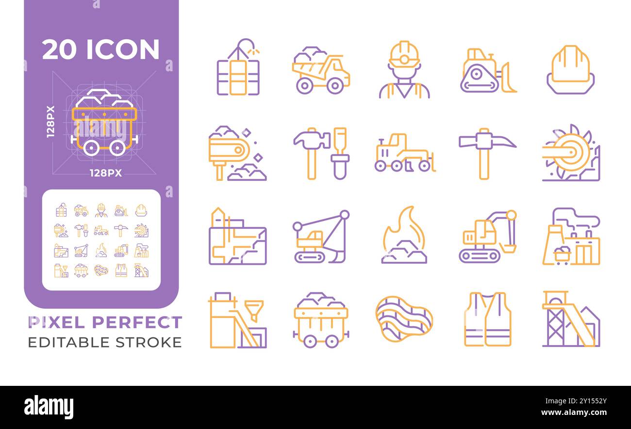 Coal mining two color line icons set Stock Vector
