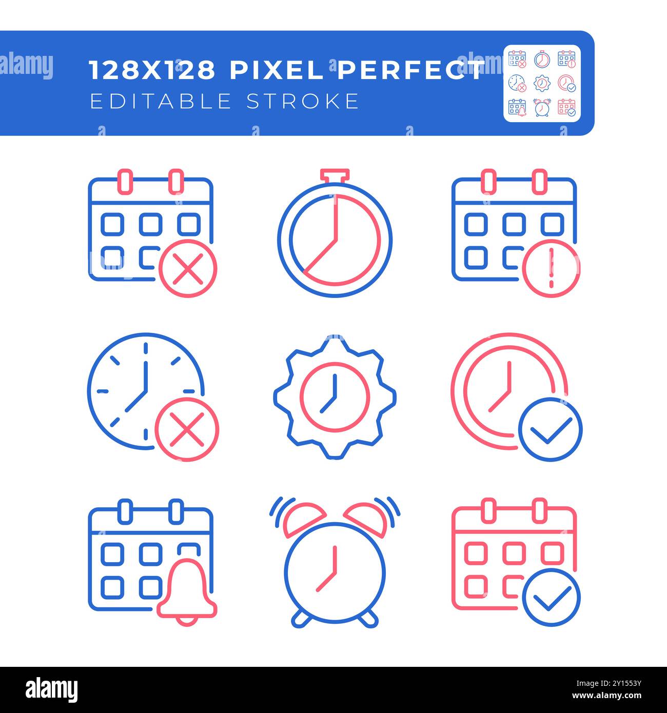 Time management two color line icons set Stock Vector