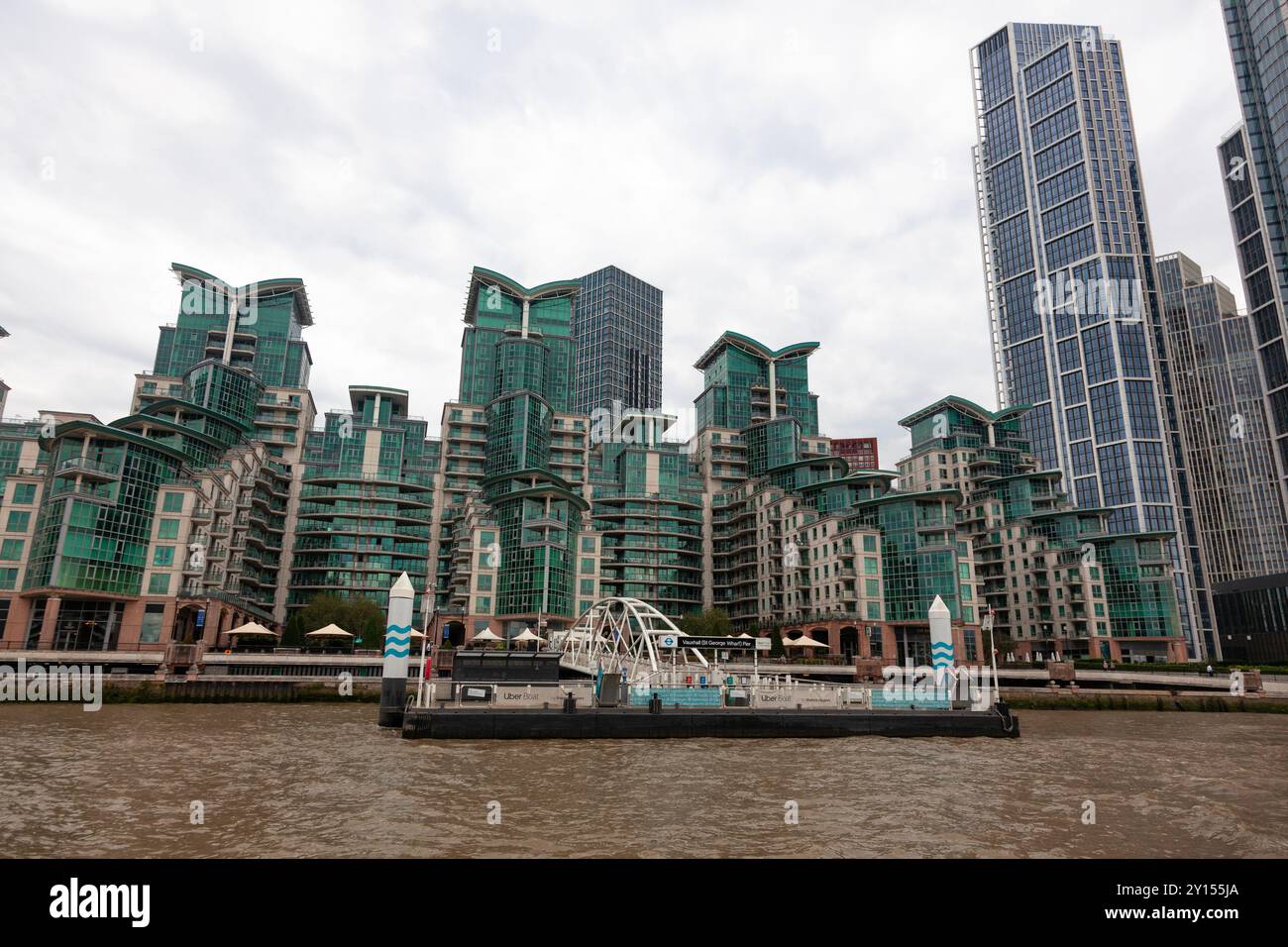 St George Wharf, a riverside residential and mixed use development, Vauxhall, London, UK. The development has a dedicated river bus pier. Stock Photo